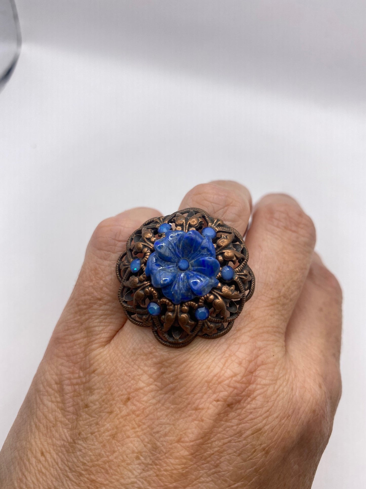 Vintage Lapis Lazuli Flower Stone copper Ring Adjustable