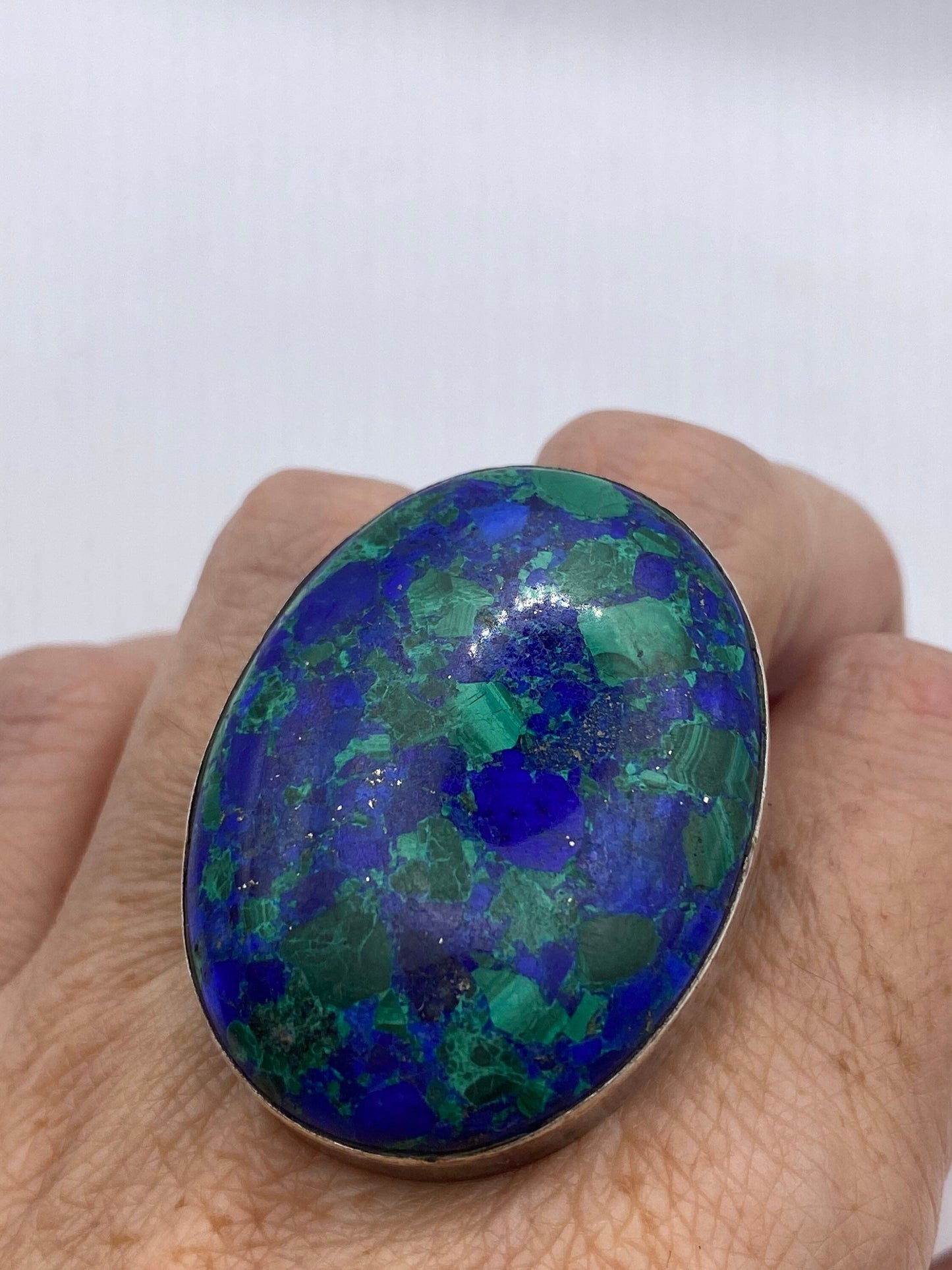 Vintage Malachite Azurite 925 Sterling Silver Statement Ring