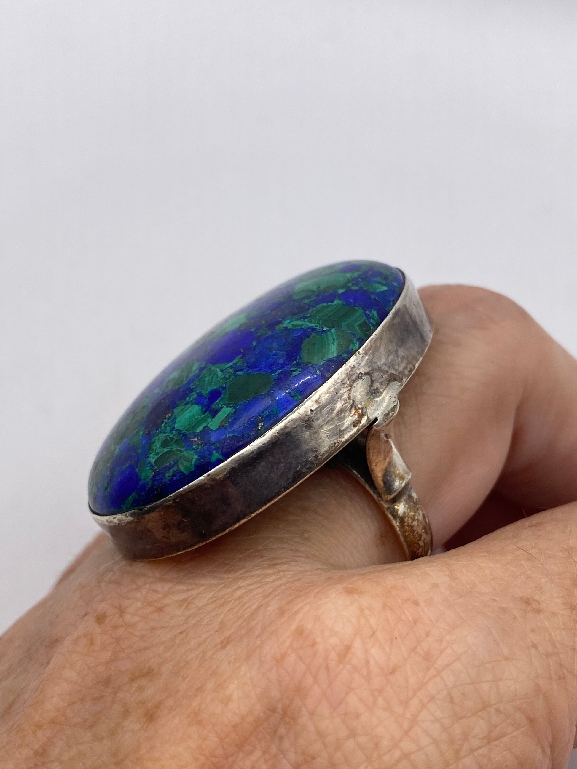 Vintage Malachite Azurite 925 Sterling Silver Statement Ring