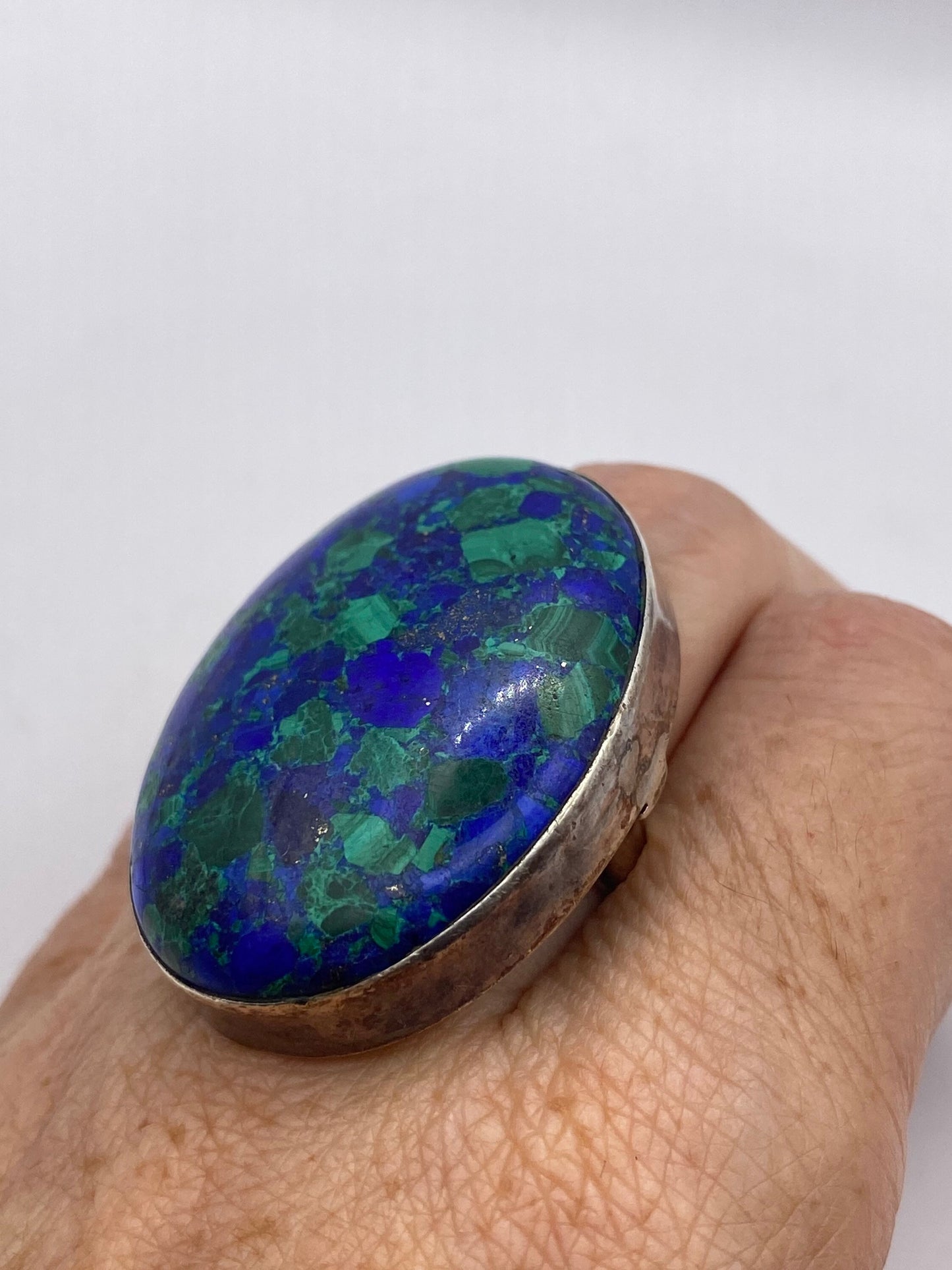 Vintage Malachite Azurite 925 Sterling Silver Statement Ring