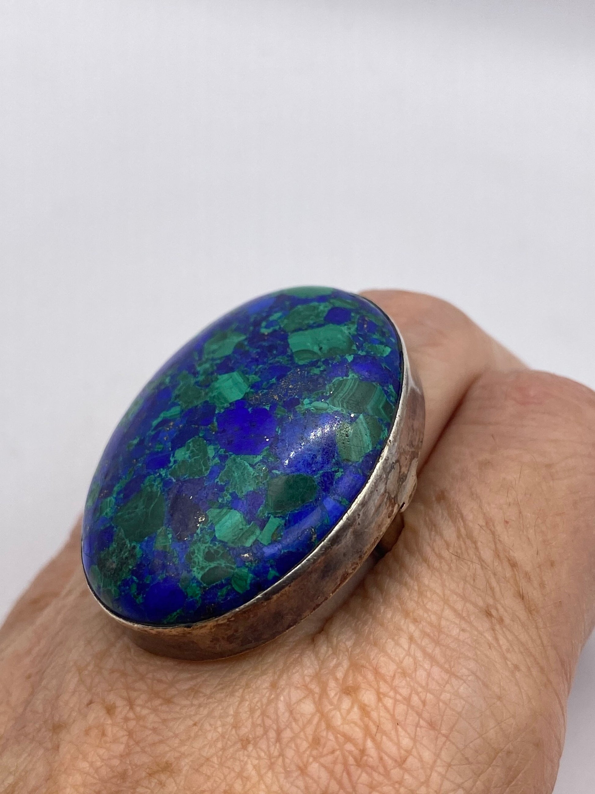 Vintage Malachite Azurite 925 Sterling Silver Statement Ring