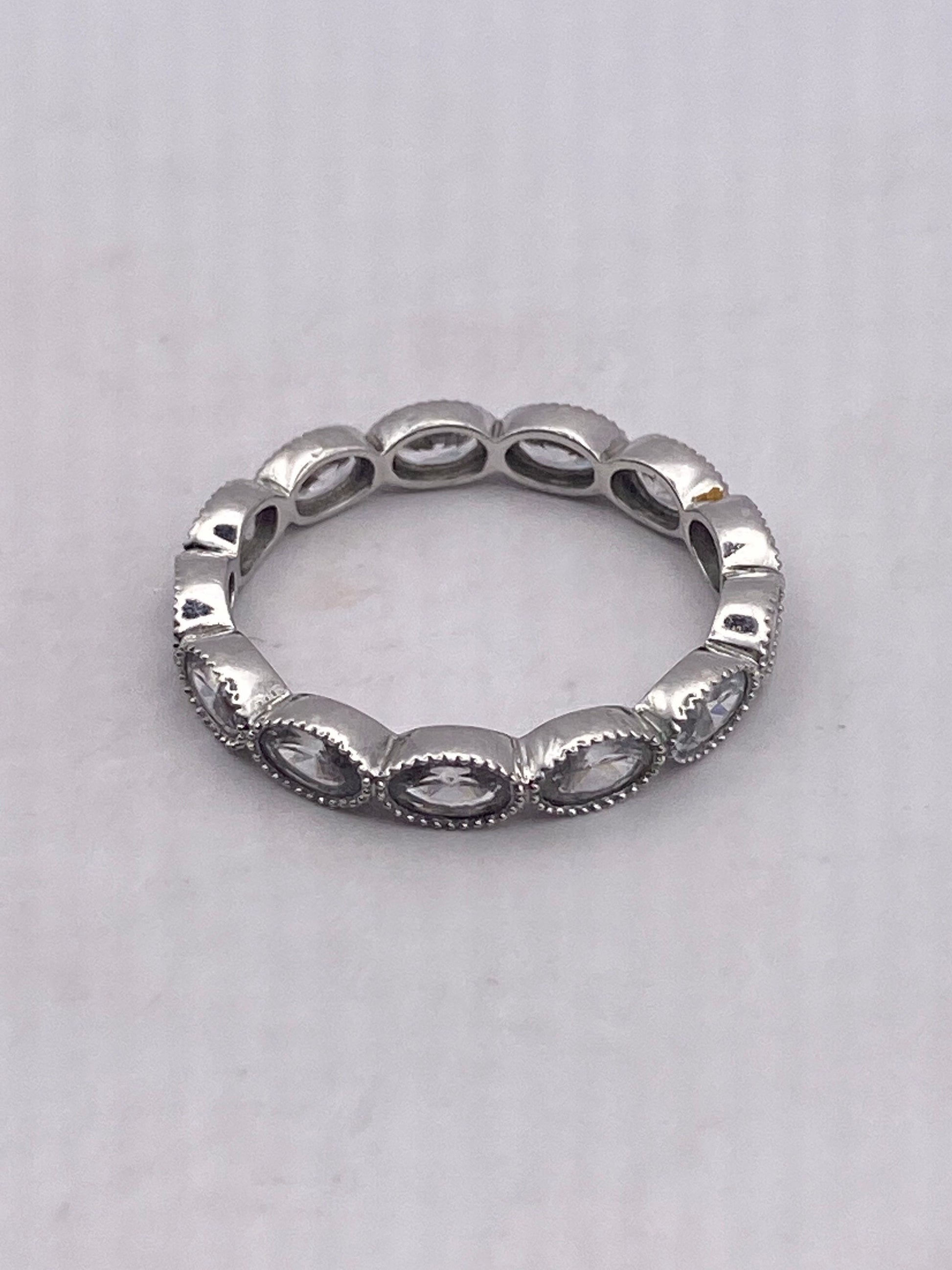 Vintage White Crystal 925 Sterling Silver Wedding Eternity Band Ring