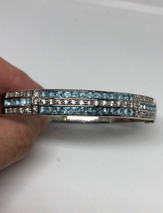 Vintage Blue Topaz White Sapphire 925 Sterling Silver Bangle Bracelet