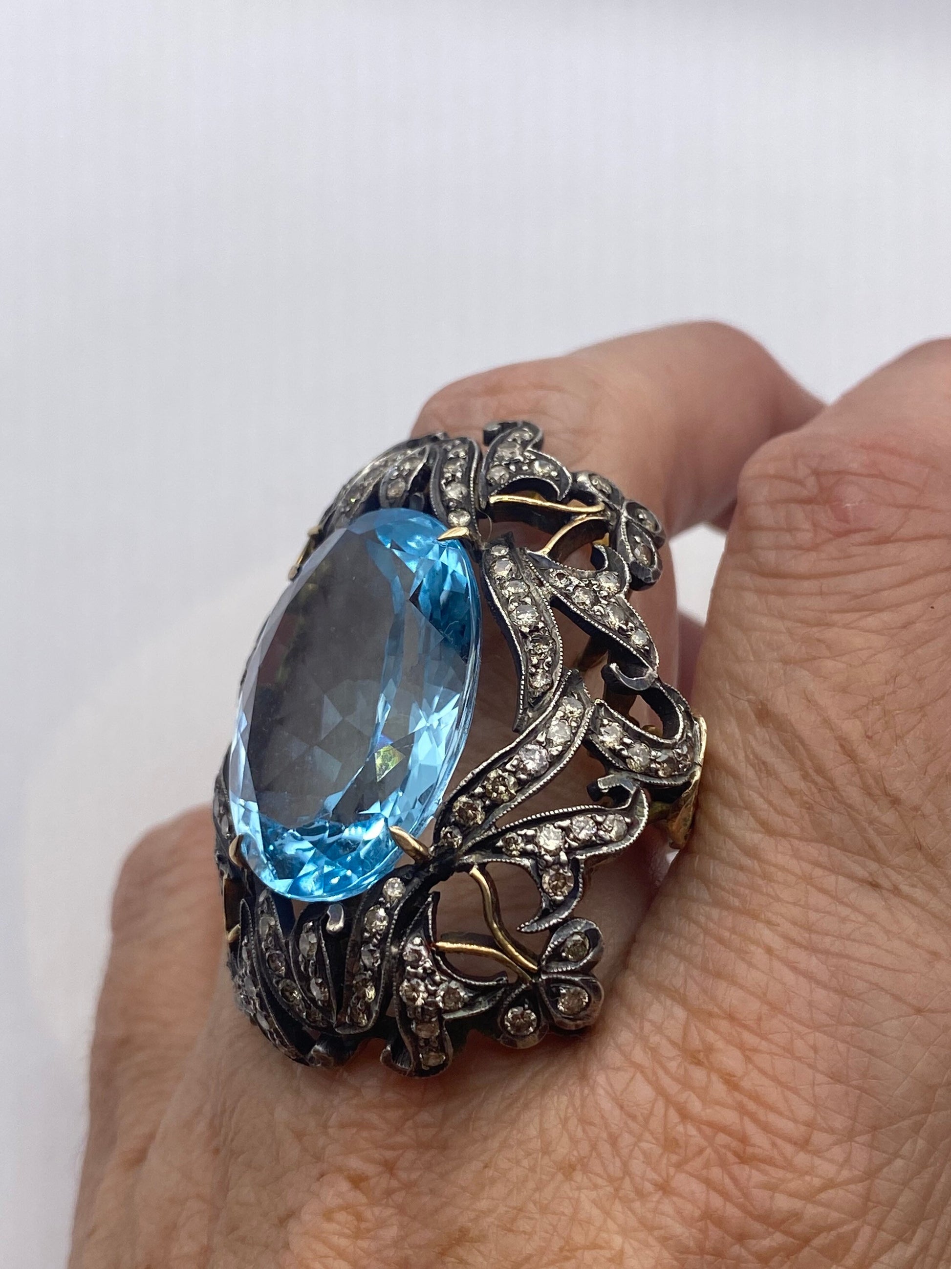 Vintage Natural Blue Topaz with Diamonds in 925 Sterling Silver and Gold Ring