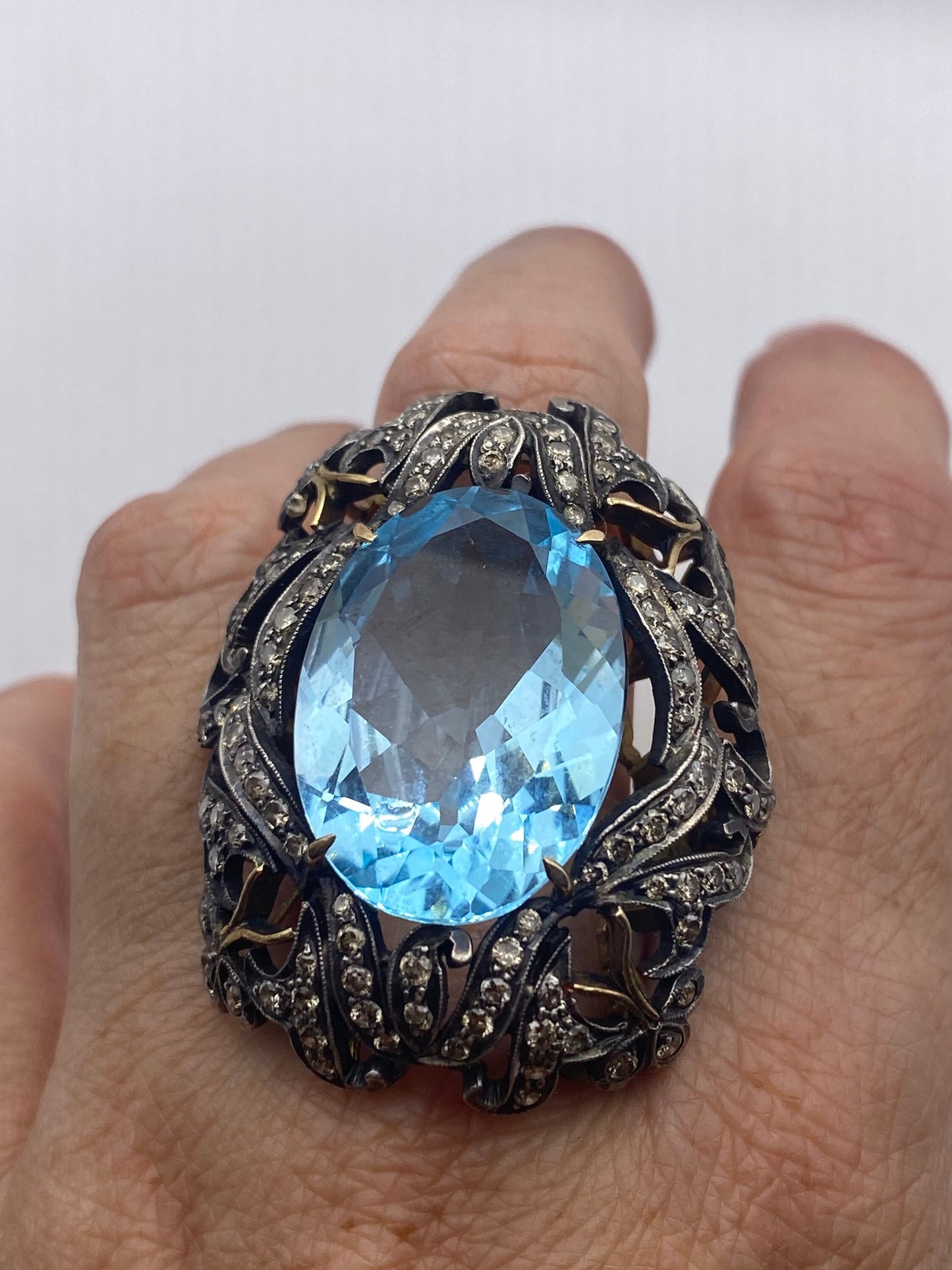 Vintage Natural Blue Topaz with Diamonds in 925 Sterling Silver and Gold Ring