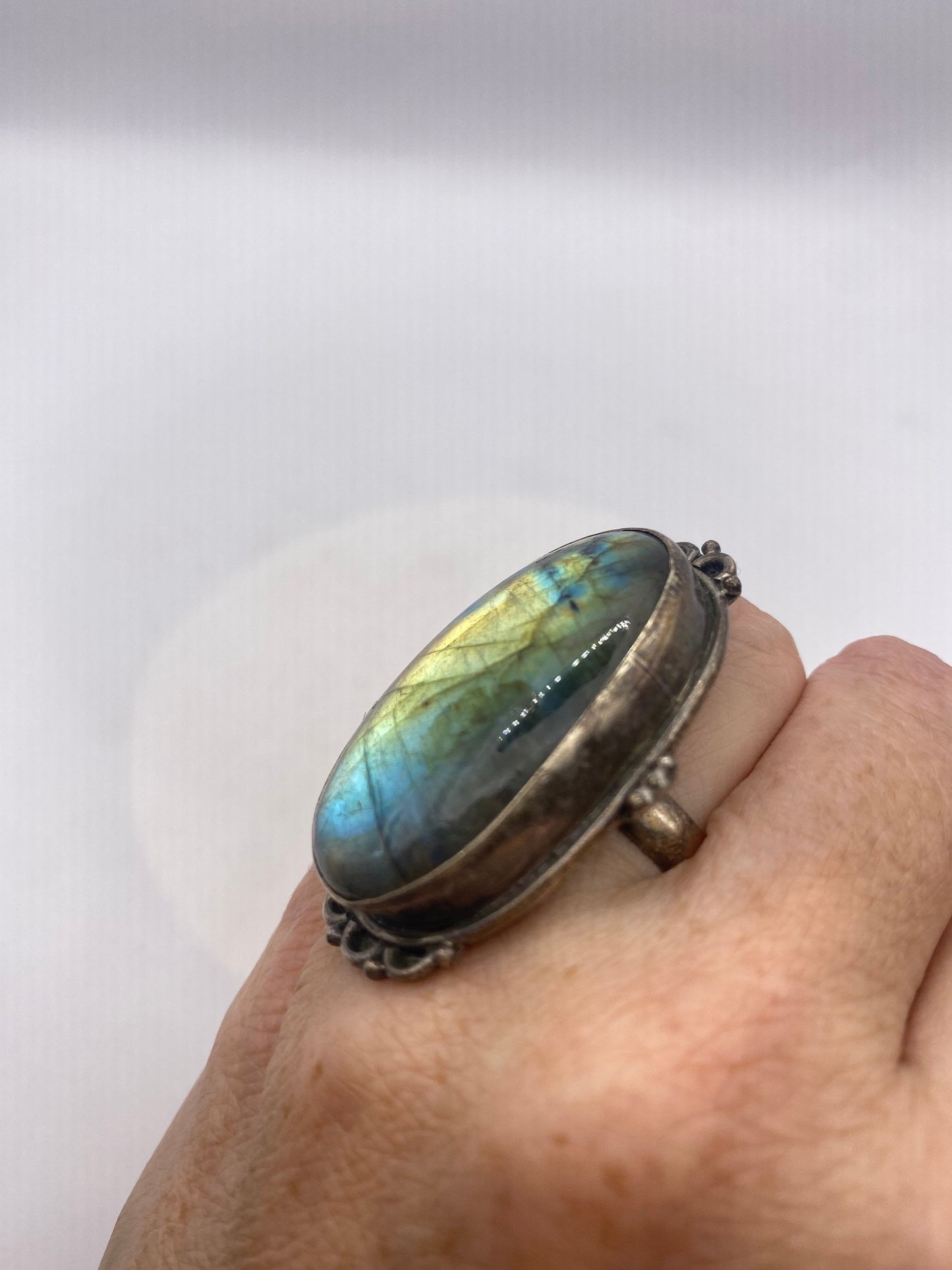 Vintage Green Labradorite Rainbow Moonstone Stone 925 Sterling Silver Ring