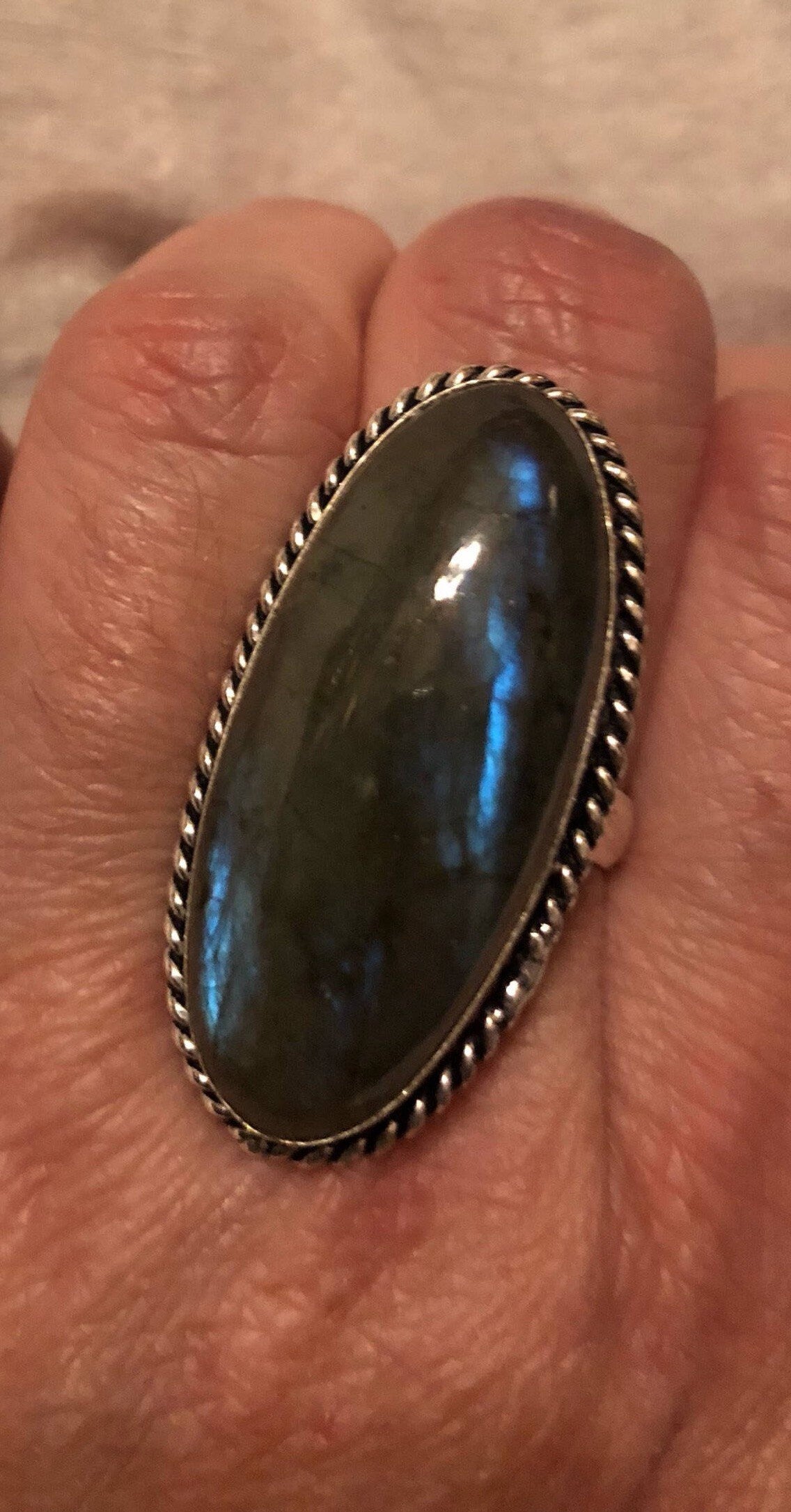 Vintage Large Blue Green Labradorite Stone Silver Ring