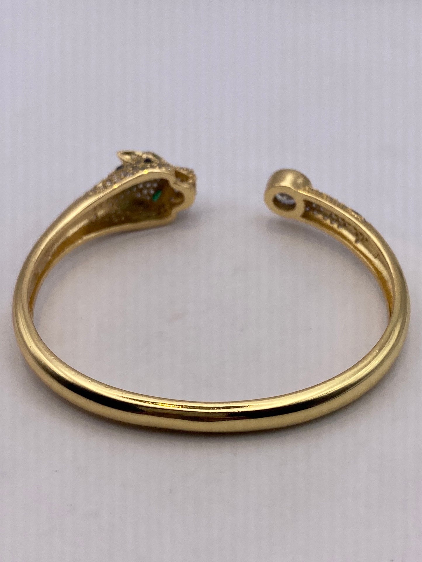 Vintage Cougar Cat Bangle Bracelet Gold filled Green Crystal Eyes