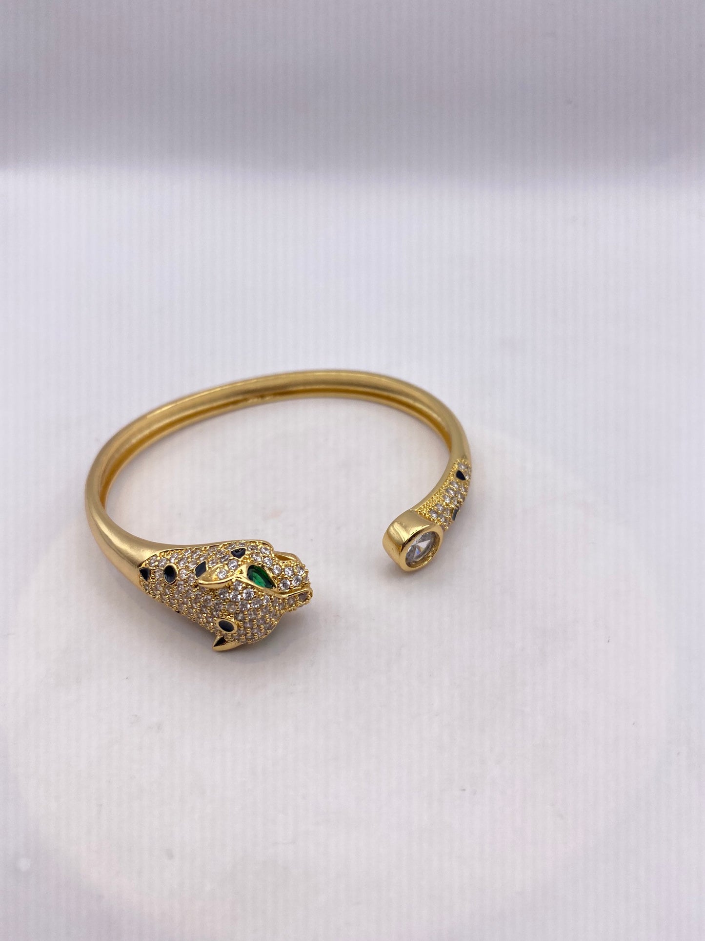 Vintage Cougar Cat Bangle Bracelet Gold filled Green Crystal Eyes