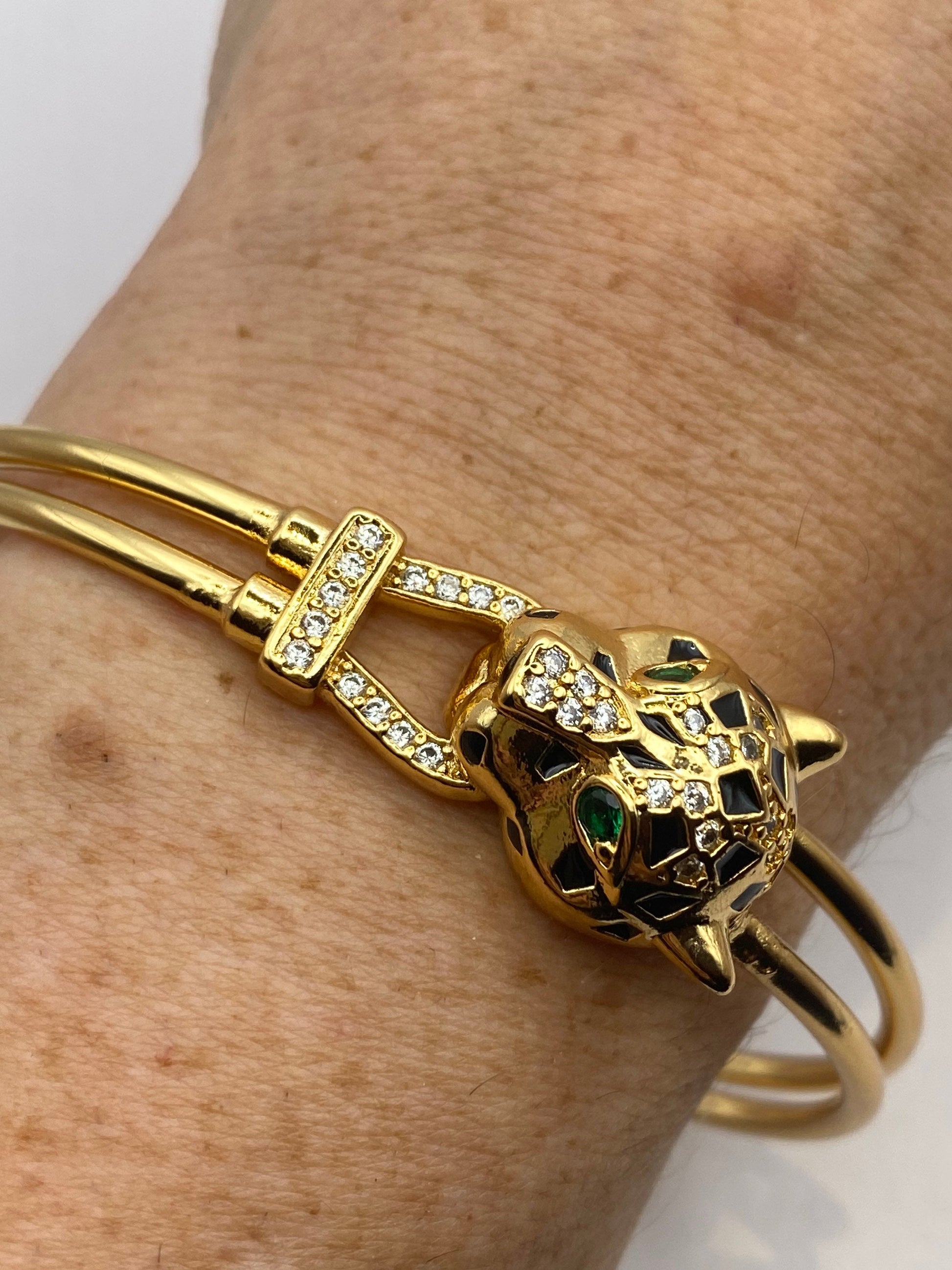 Vintage Cougar Cat Bangle Bracelet Gold filled Green Crystal Eyes