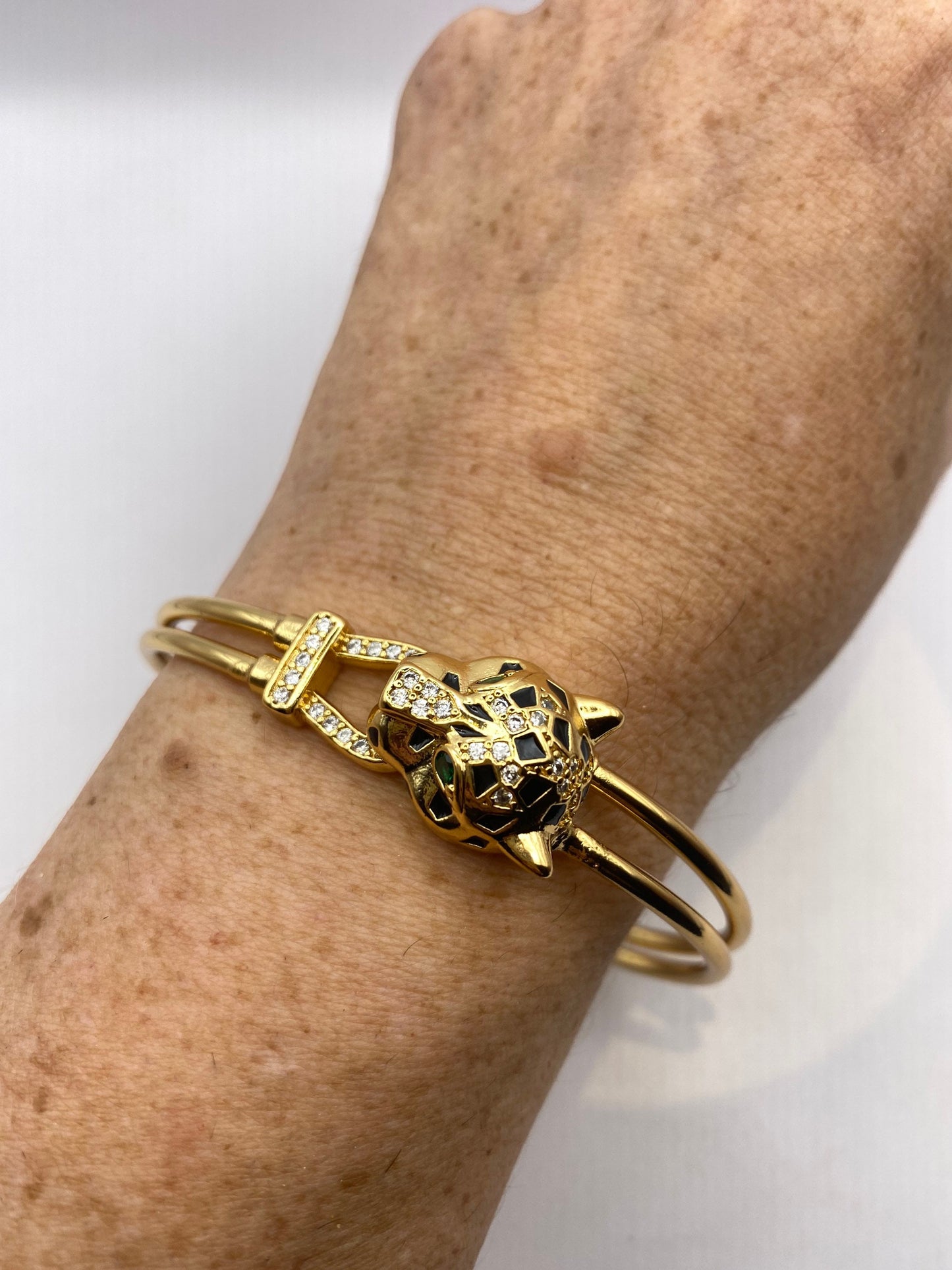 Vintage Cougar Cat Bangle Bracelet Gold filled Green Crystal Eyes