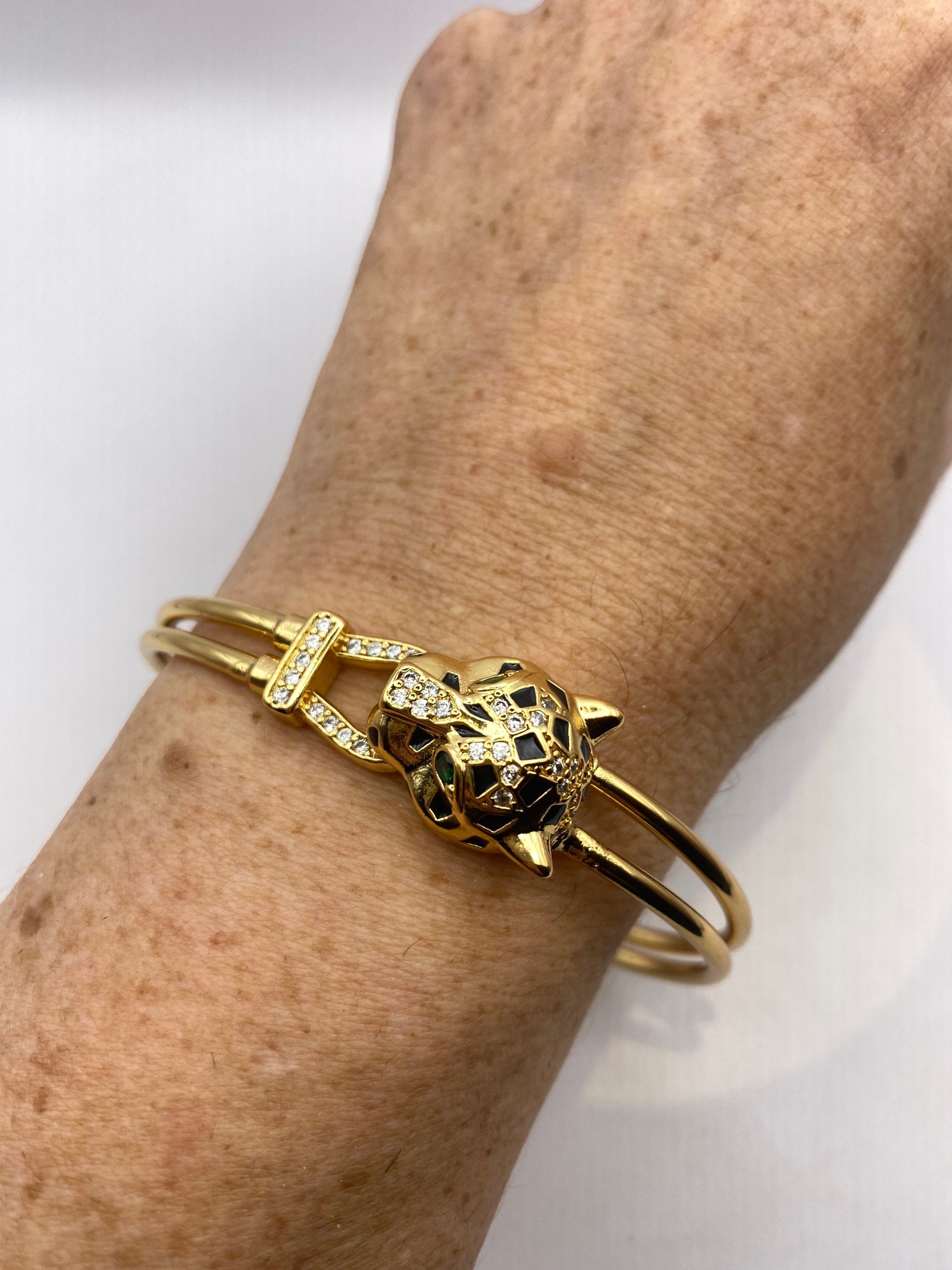 Vintage Cougar Cat Bangle Bracelet Gold filled Green Crystal Eyes