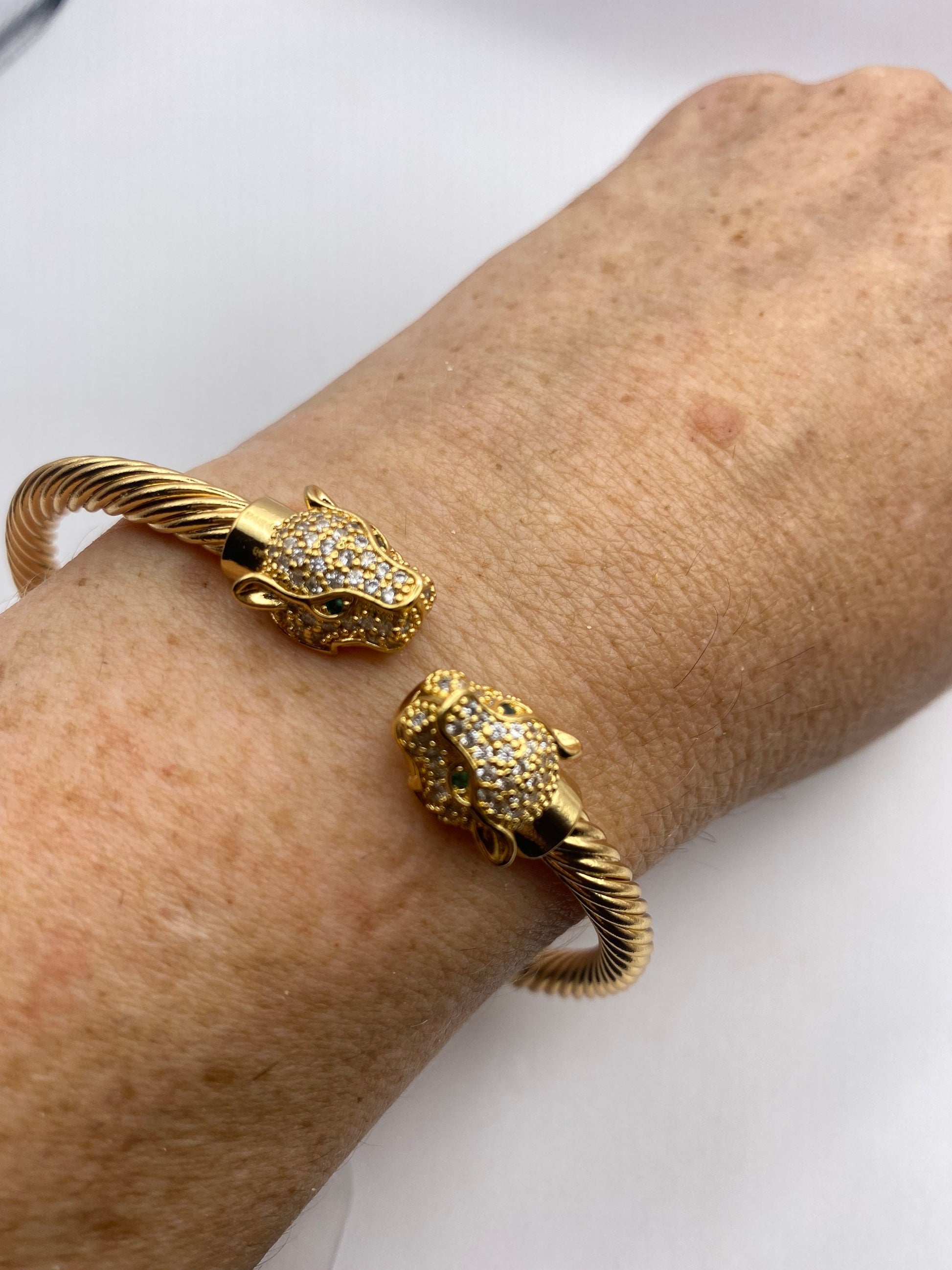 Vintage Cougar Cat Bangle Bracelet Gold filled Green Crystal Eyes