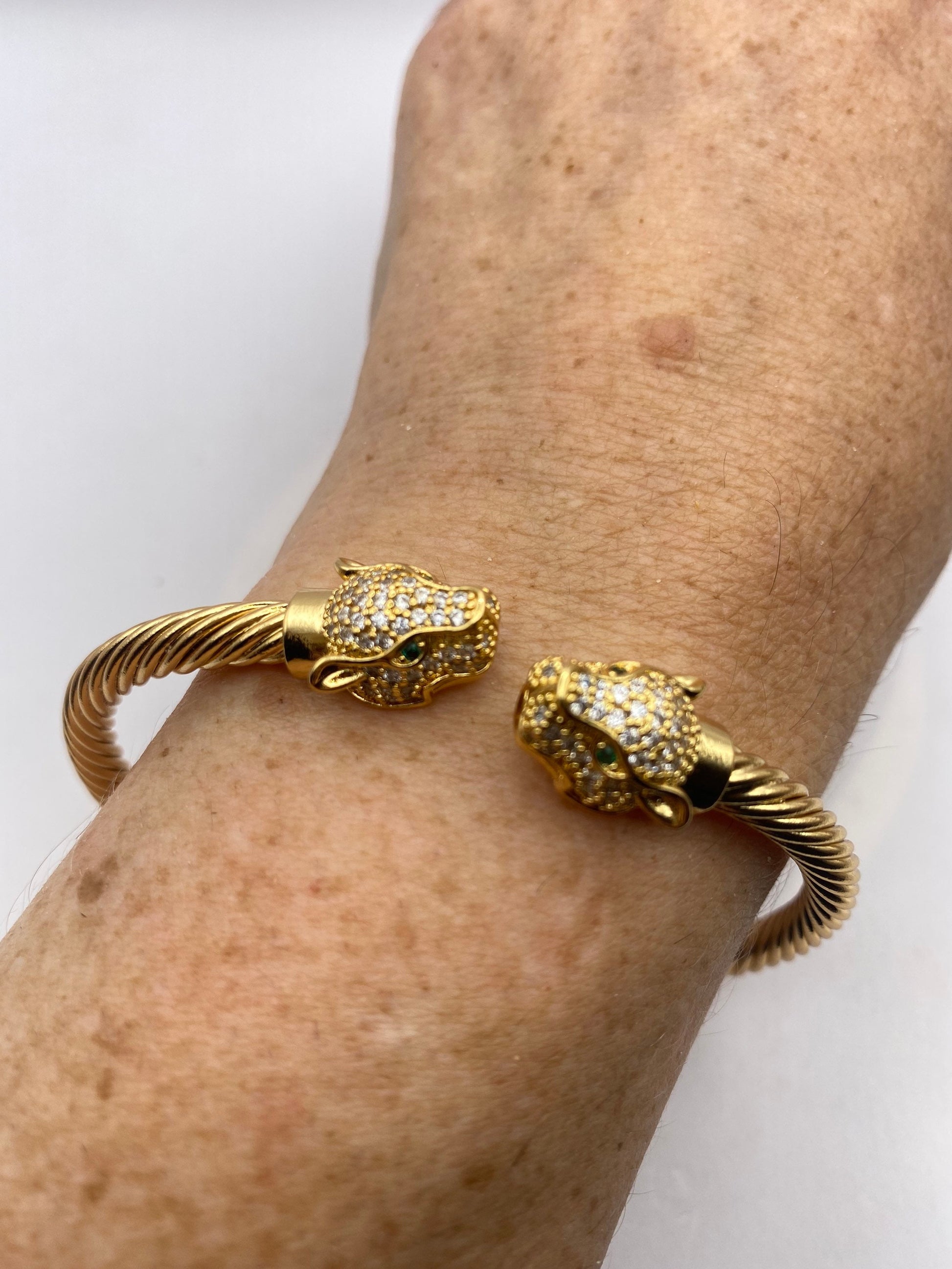 Vintage Cougar Cat Bangle Bracelet Gold filled Green Crystal Eyes