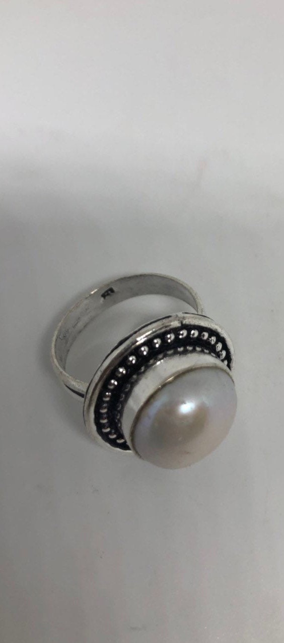 Vintage White Genuine Pearl Silver Cocktail Ring