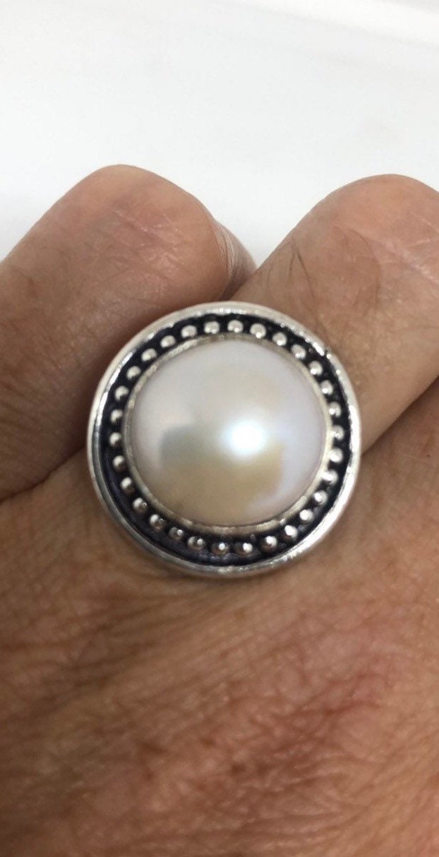 Vintage White Genuine Pearl Silver Cocktail Ring