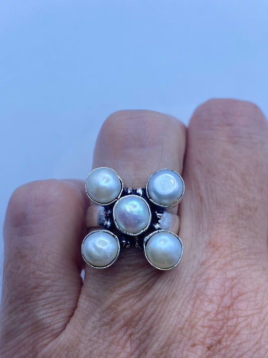 Vintage White Genuine Pearl Silver Cocktail Ring