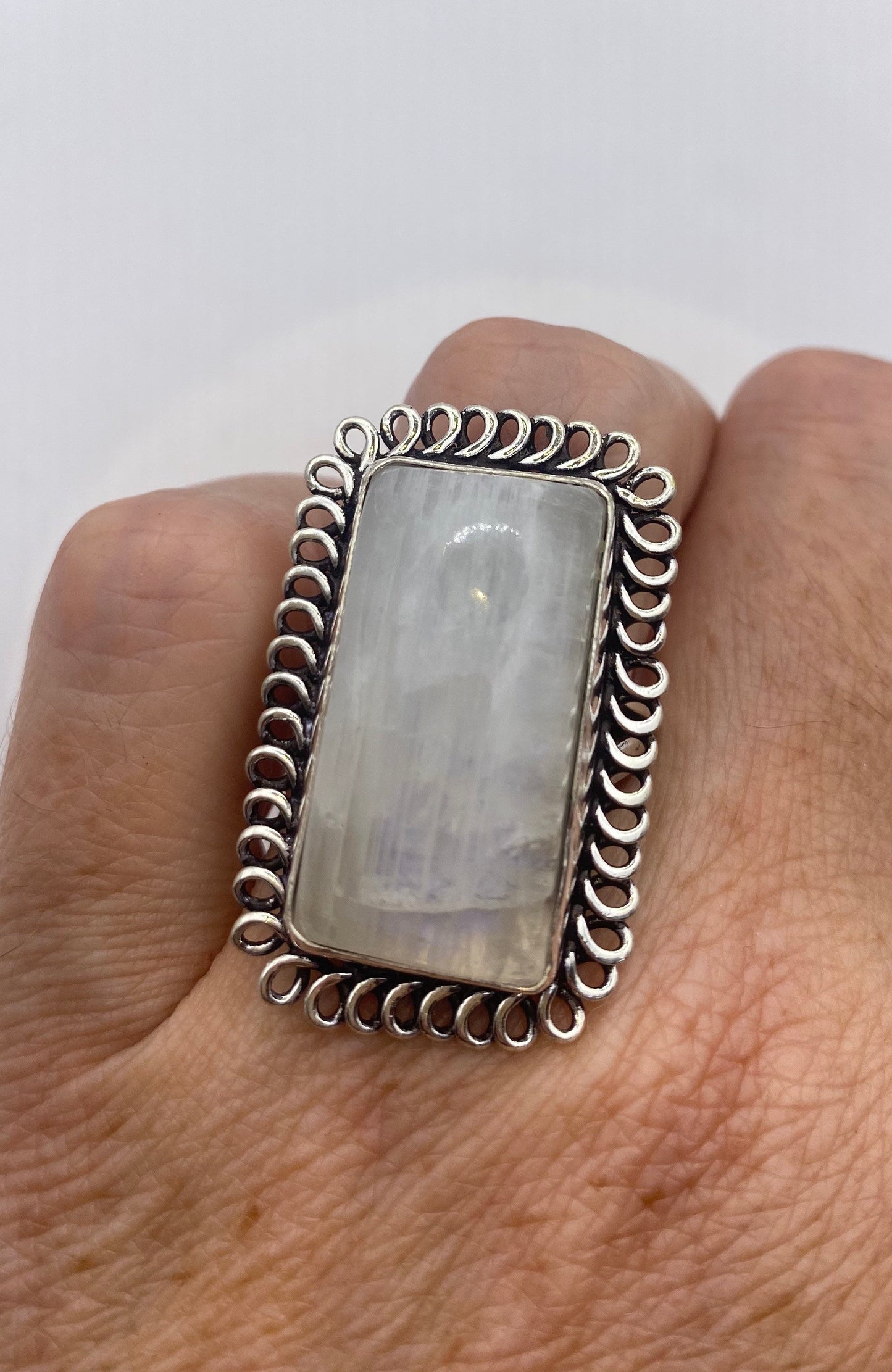 Vintage Large Blue White Rainbow Moonstone Stone Silver Ring