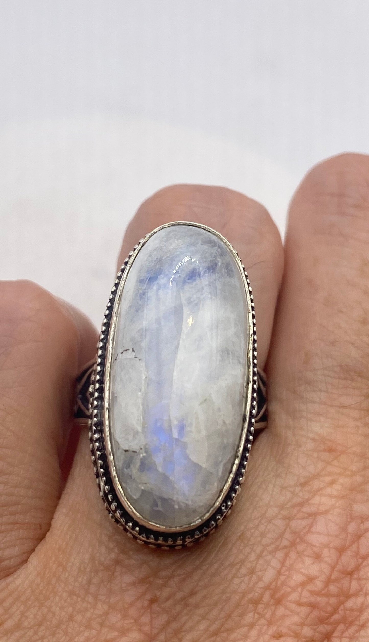 Vintage Large Blue White Rainbow Moonstone Stone Silver Ring