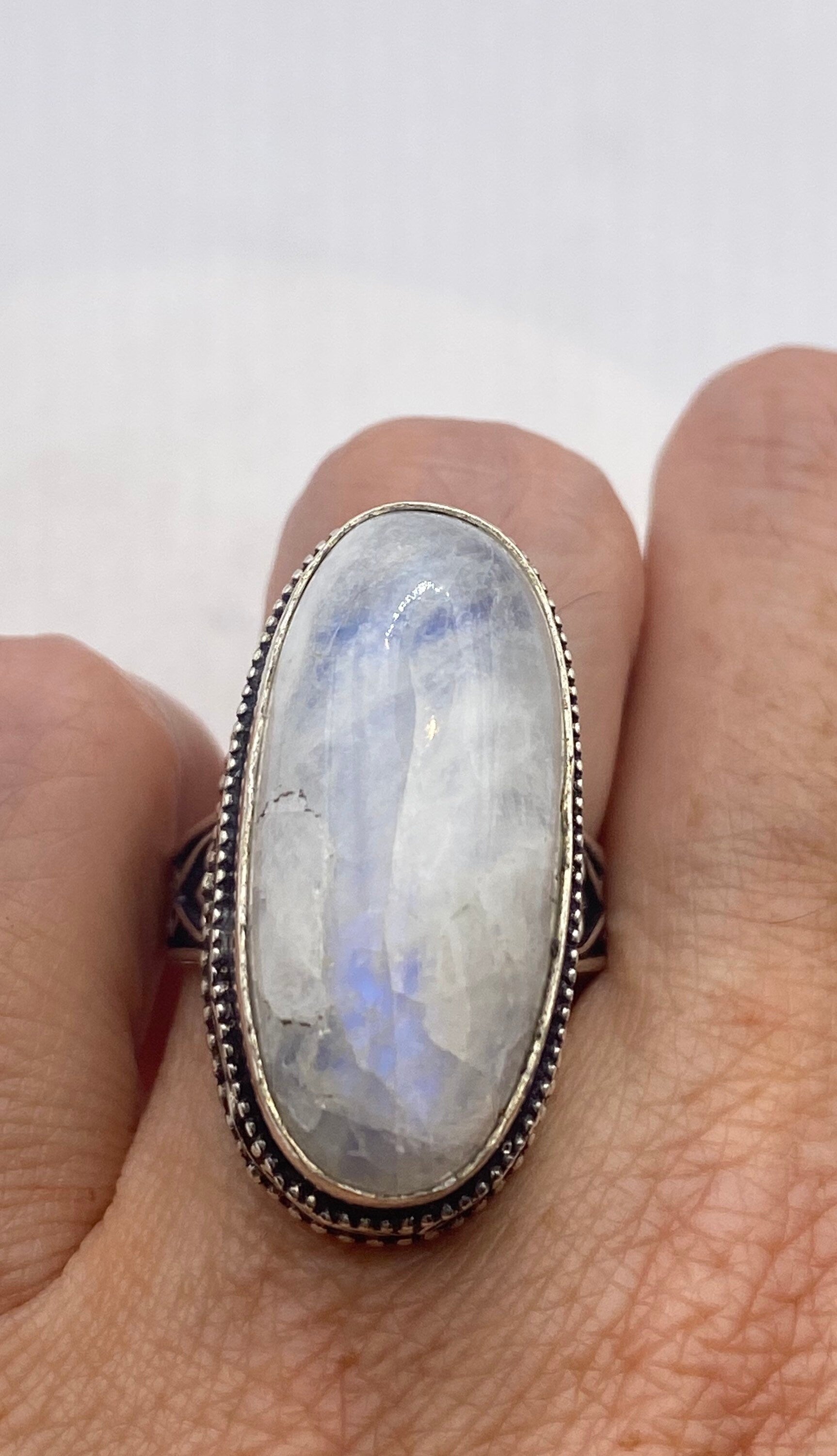 Vintage Large Blue White Rainbow Moonstone Stone Silver Ring