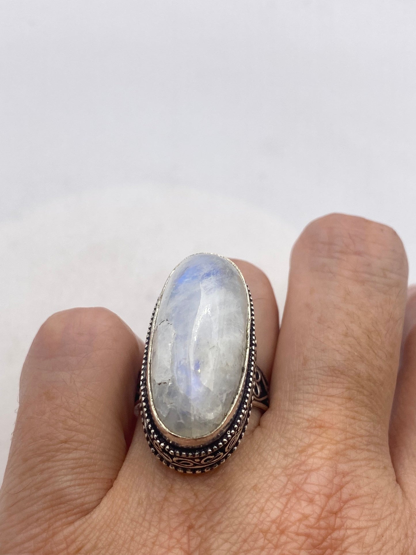 Vintage Large Blue White Rainbow Moonstone Stone Silver Ring