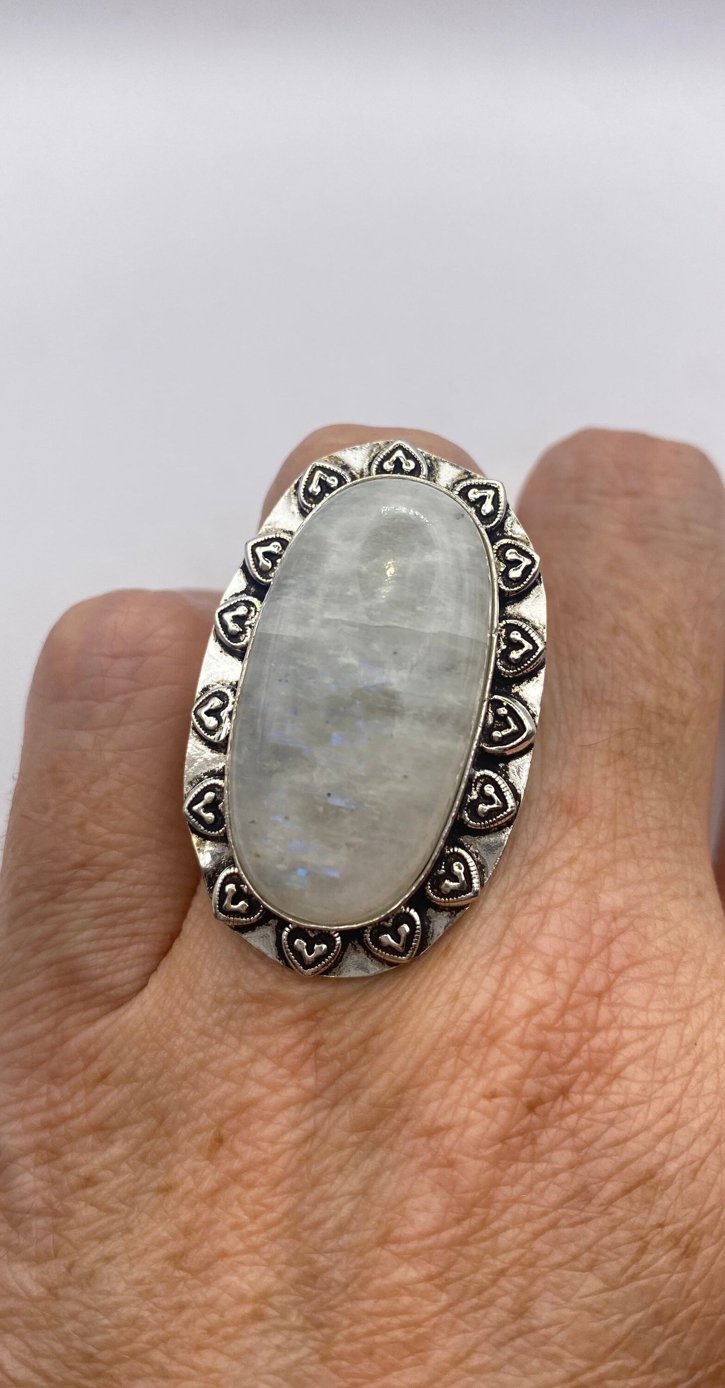 Vintage Large Blue White Rainbow Moonstone Stone Silver Ring