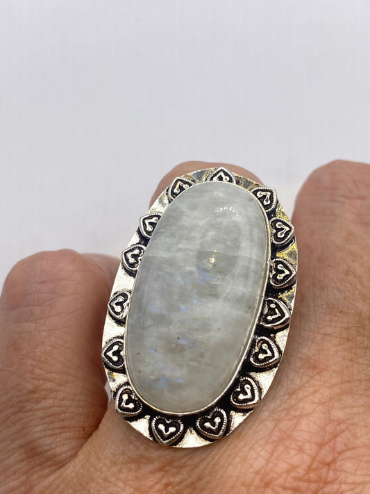 Vintage Large Blue White Rainbow Moonstone Stone Silver Ring