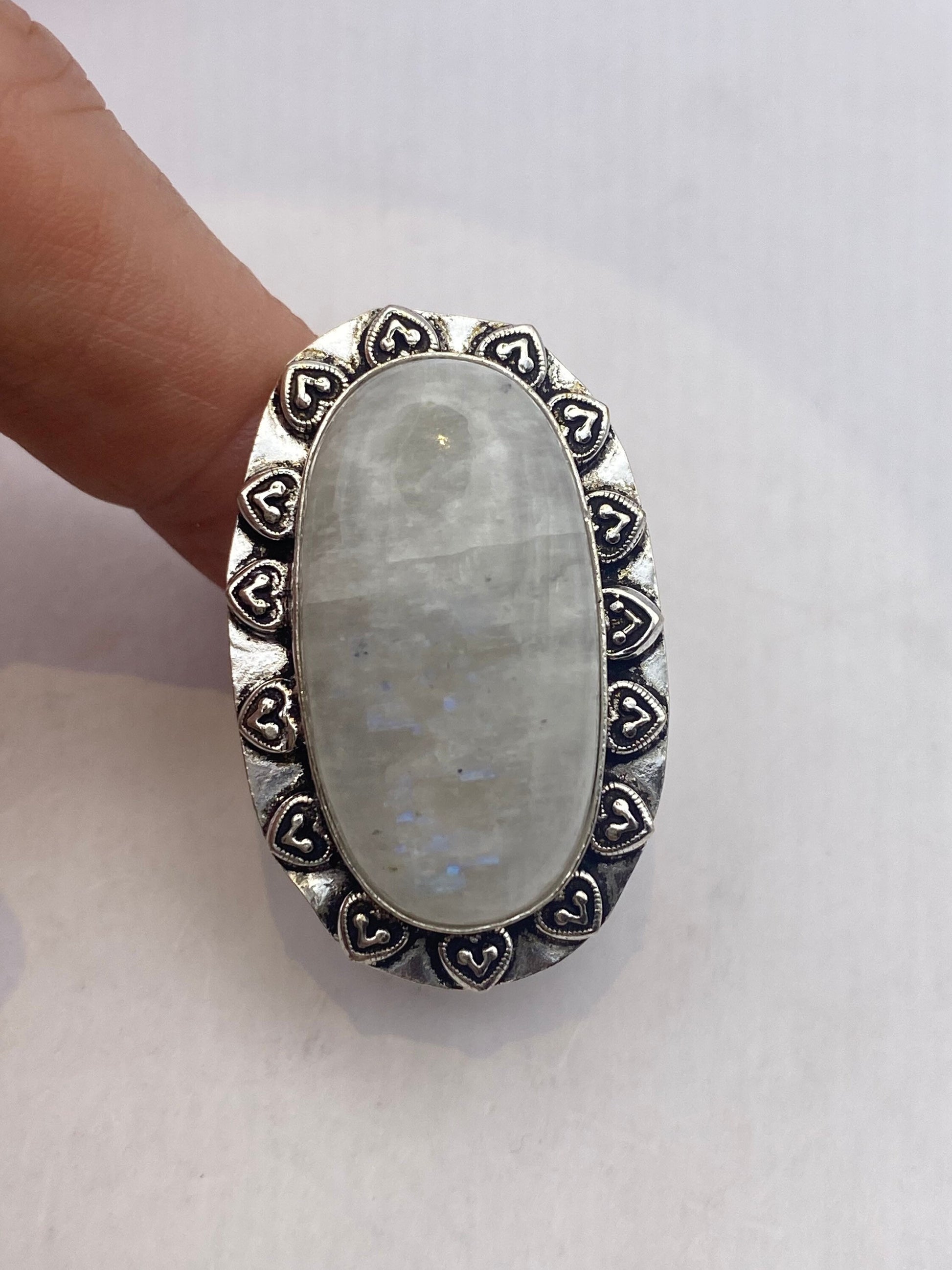 Vintage Large Blue White Rainbow Moonstone Stone Silver Ring