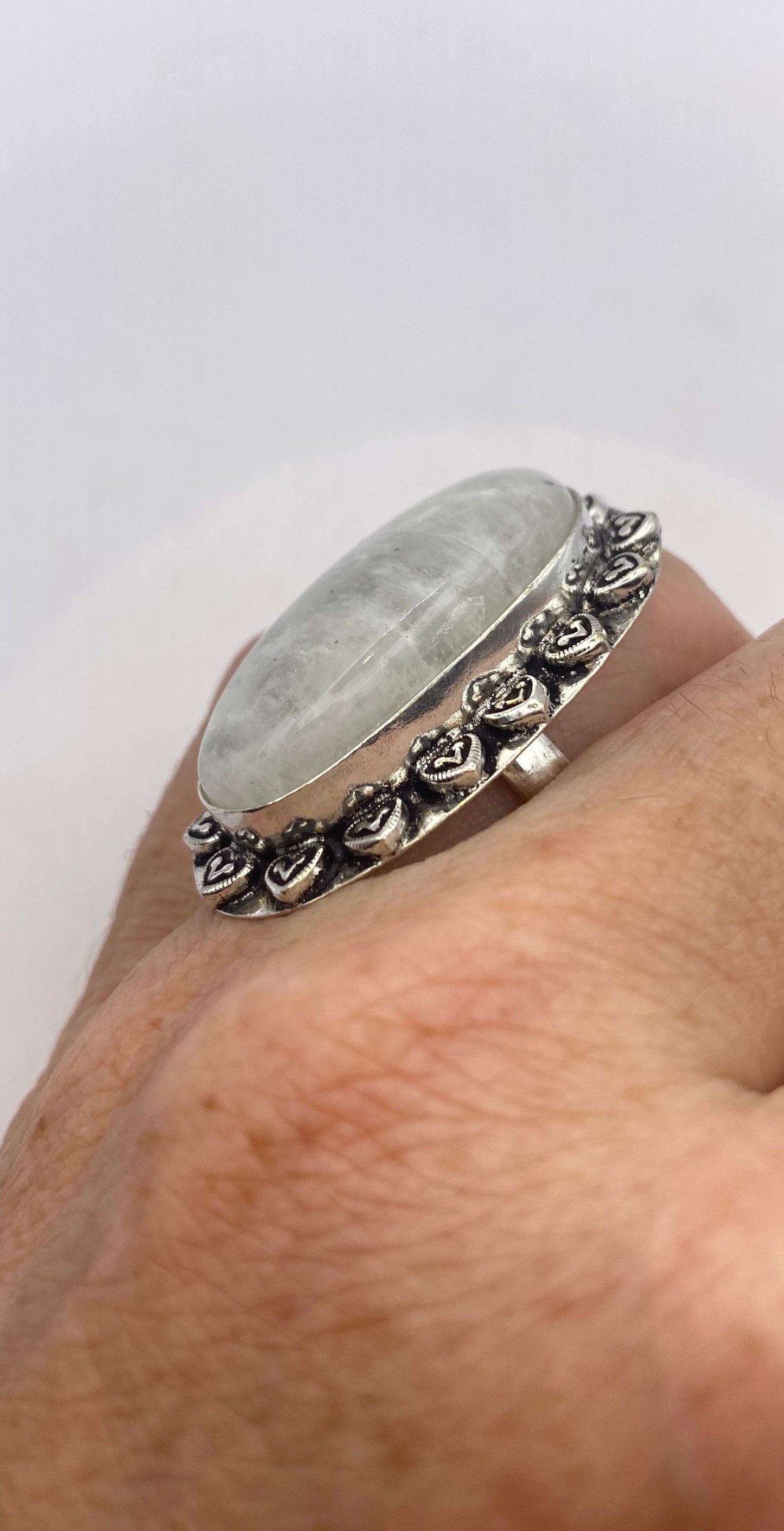 Vintage Large Blue White Rainbow Moonstone Stone Silver Ring