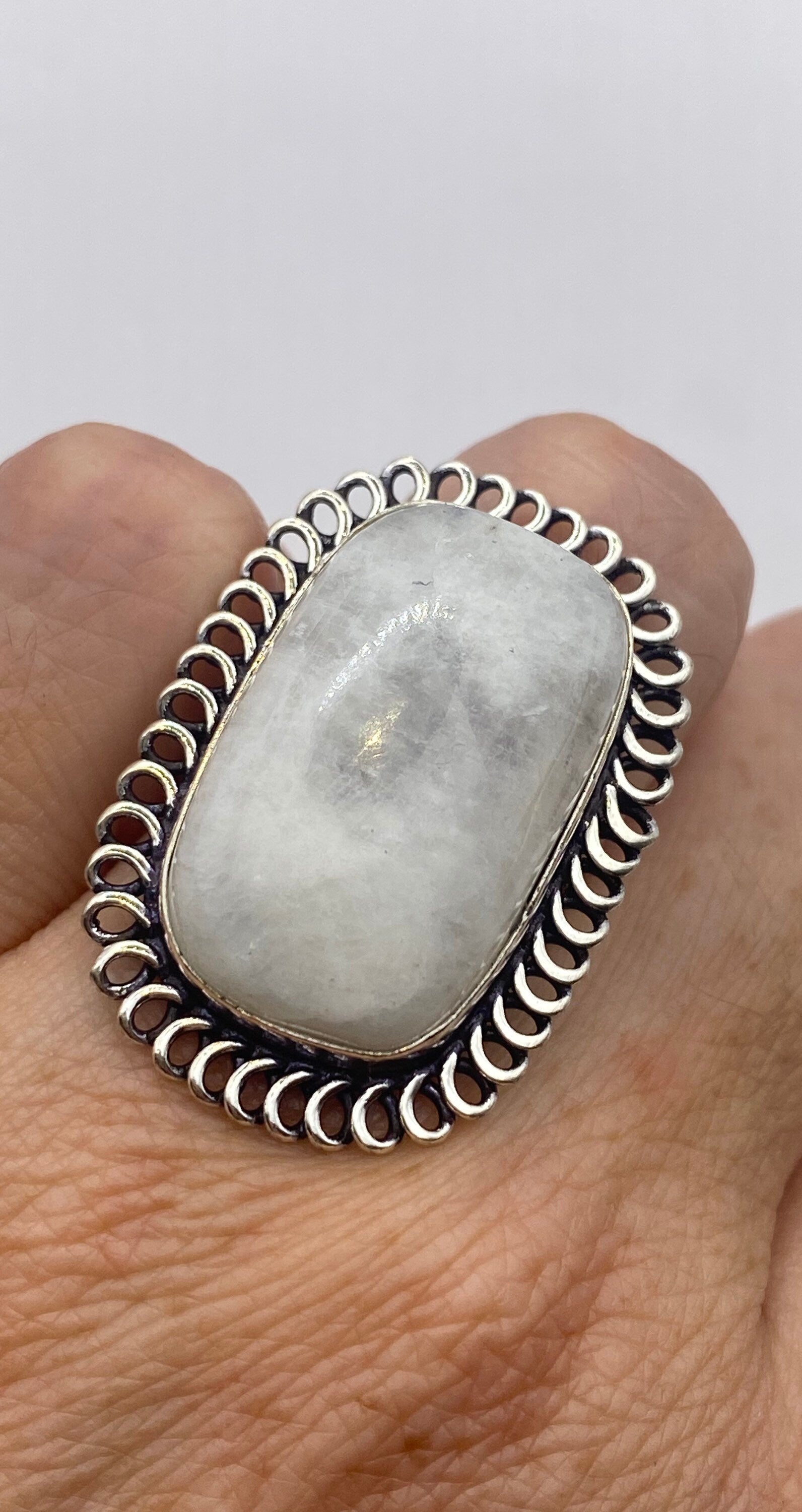 Vintage Large Blue White Rainbow Moonstone Stone Silver Ring