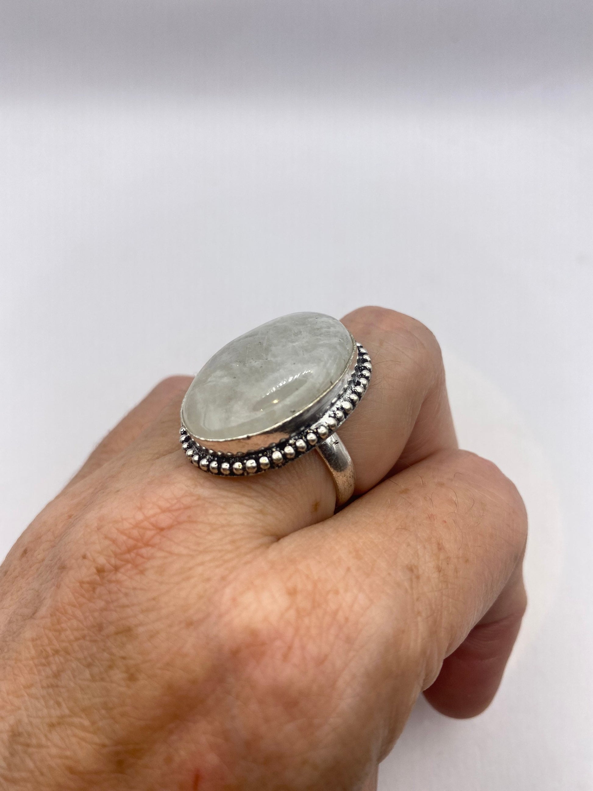 Vintage Large Blue White Rainbow Moonstone Stone Silver Ring