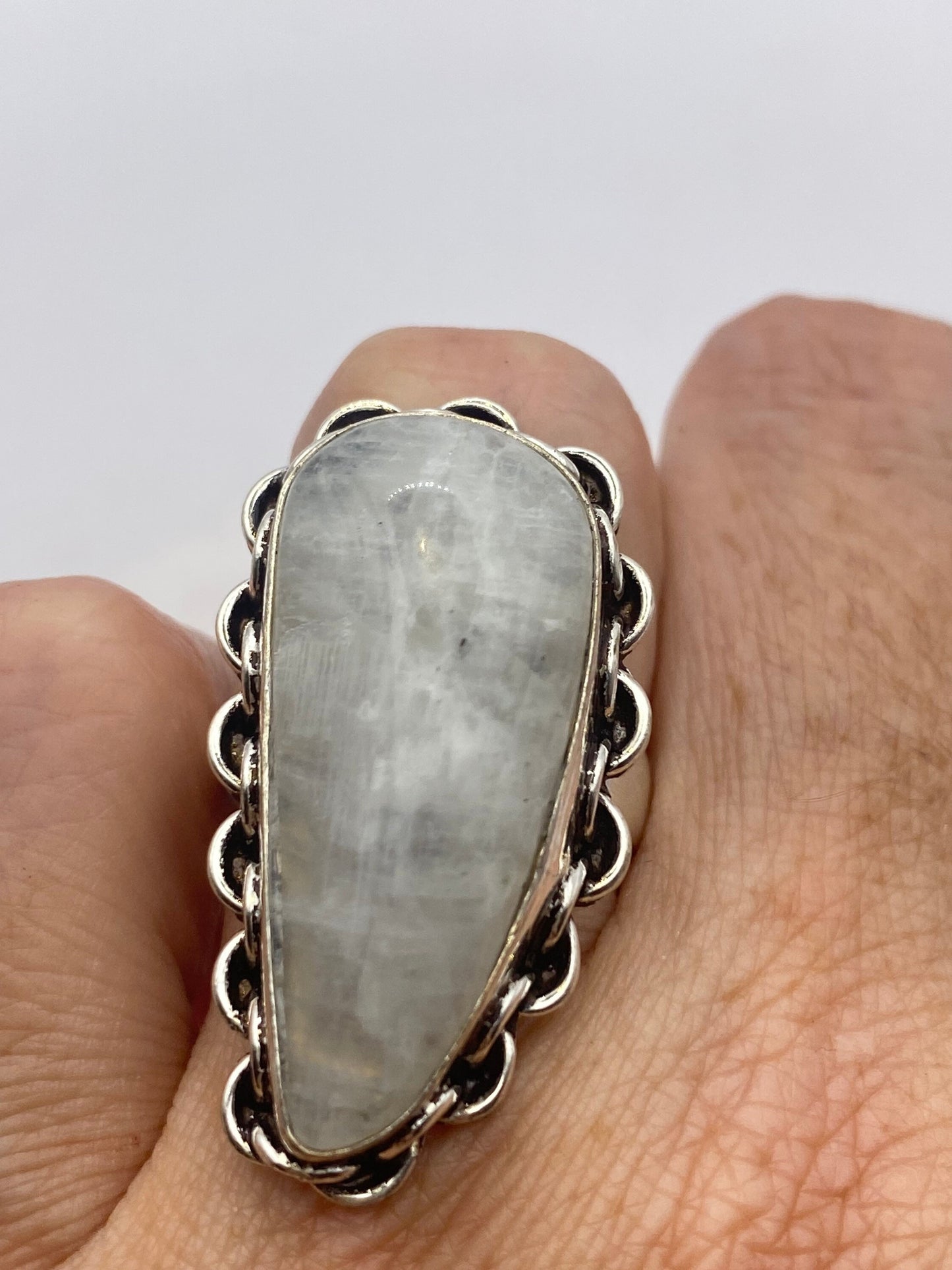 Vintage Large Blue White Rainbow Moonstone Stone Silver Ring