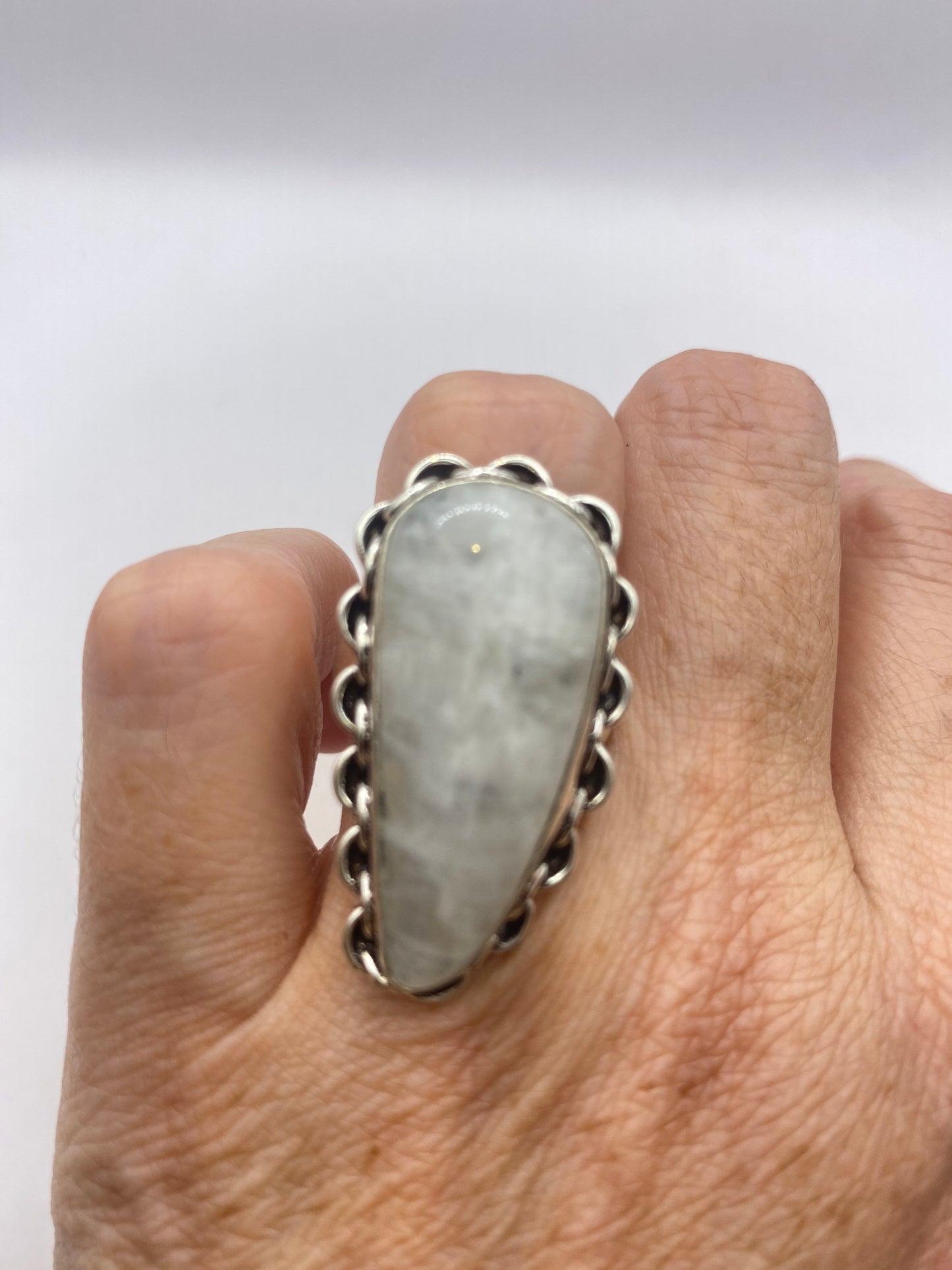 Vintage Large Blue White Rainbow Moonstone Stone Silver Ring