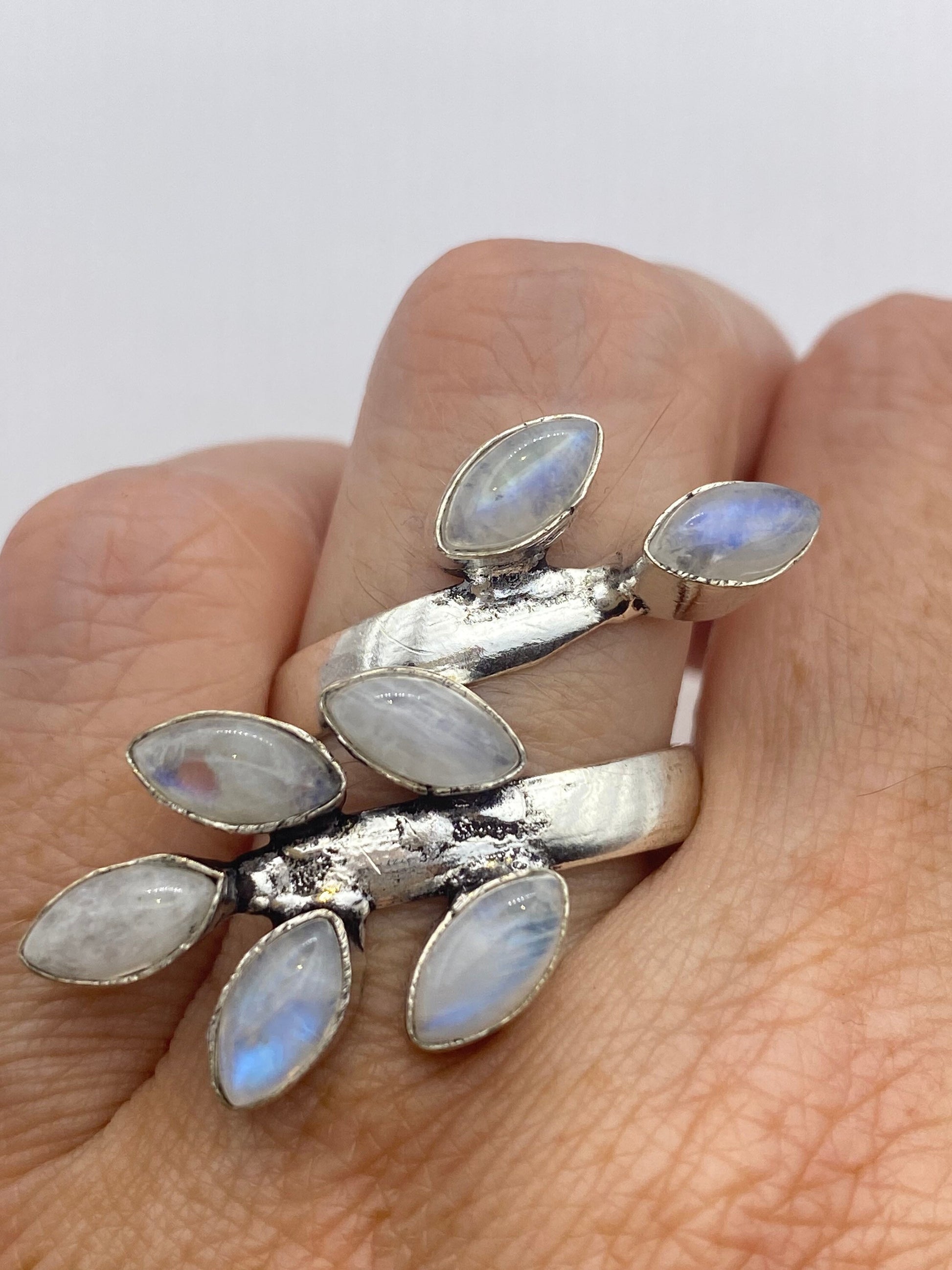 Vintage Large Blue White Rainbow Moonstone Stone Silver Ring Adjustable