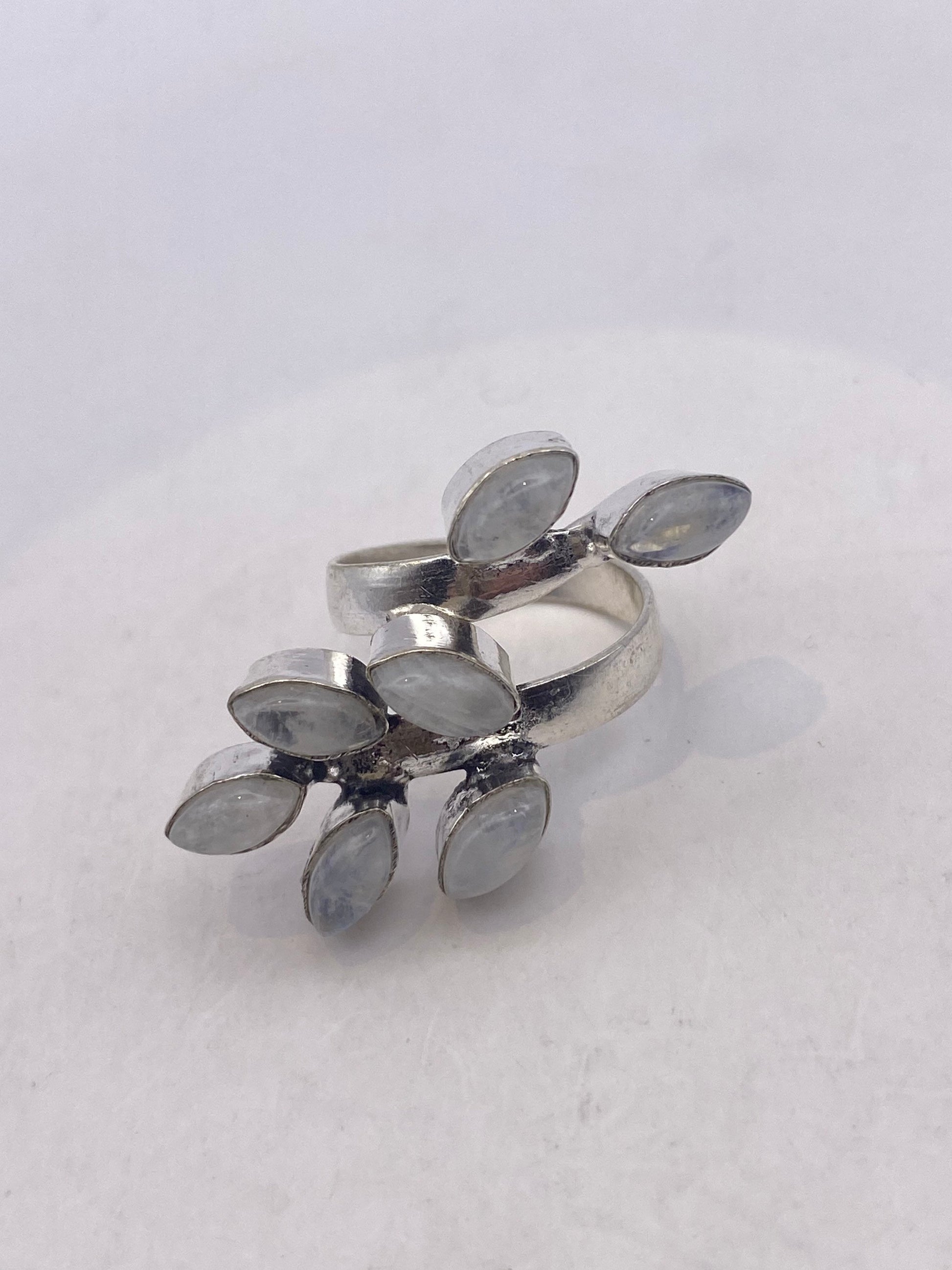 Vintage Large Blue White Rainbow Moonstone Stone Silver Ring Adjustable