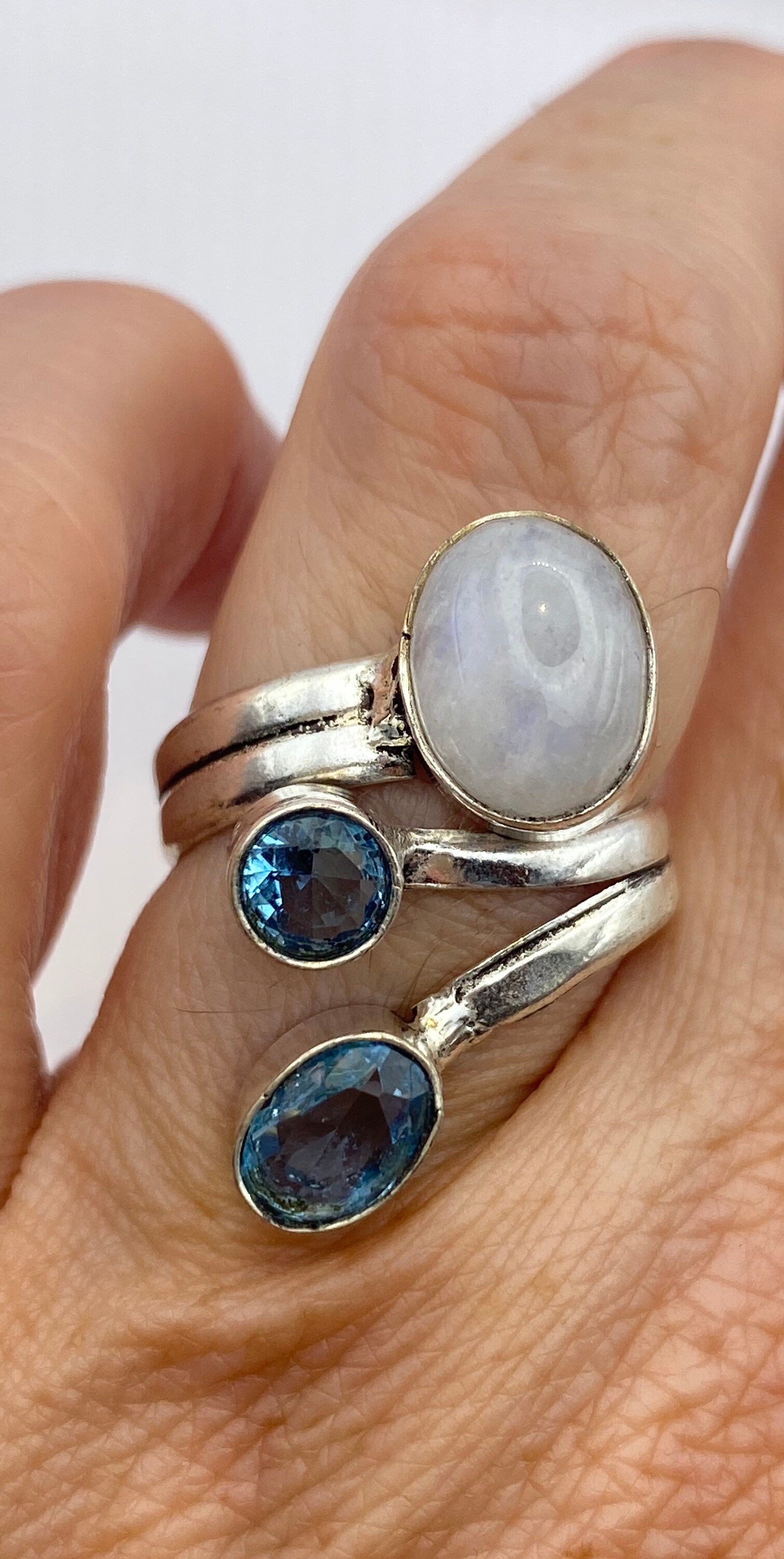 Vintage Large Blue White Rainbow Moonstone Blue Topaz Silver Ring Adjustable