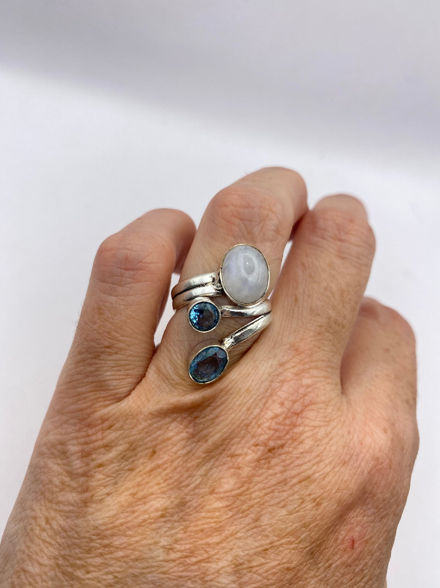 Vintage Large Blue White Rainbow Moonstone Blue Topaz Silver Ring Adjustable