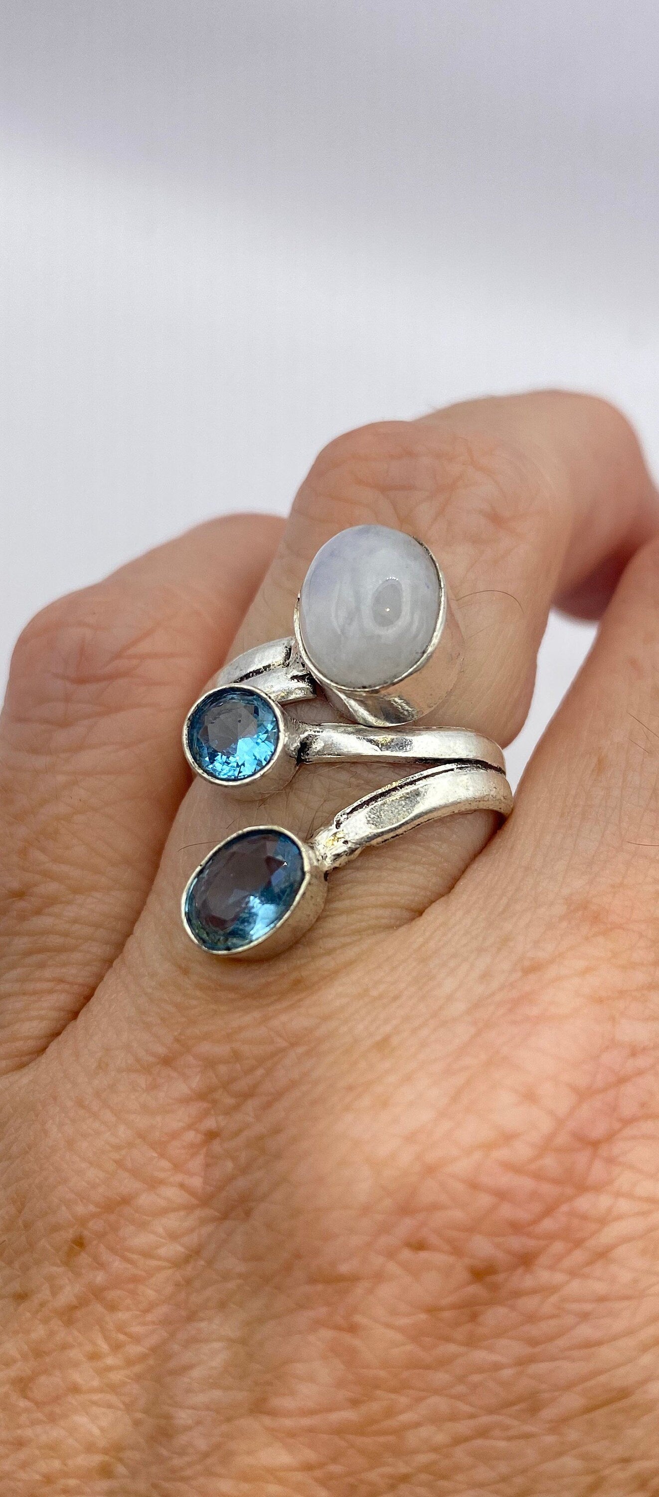 Vintage Large Blue White Rainbow Moonstone Blue Topaz Silver Ring Adjustable