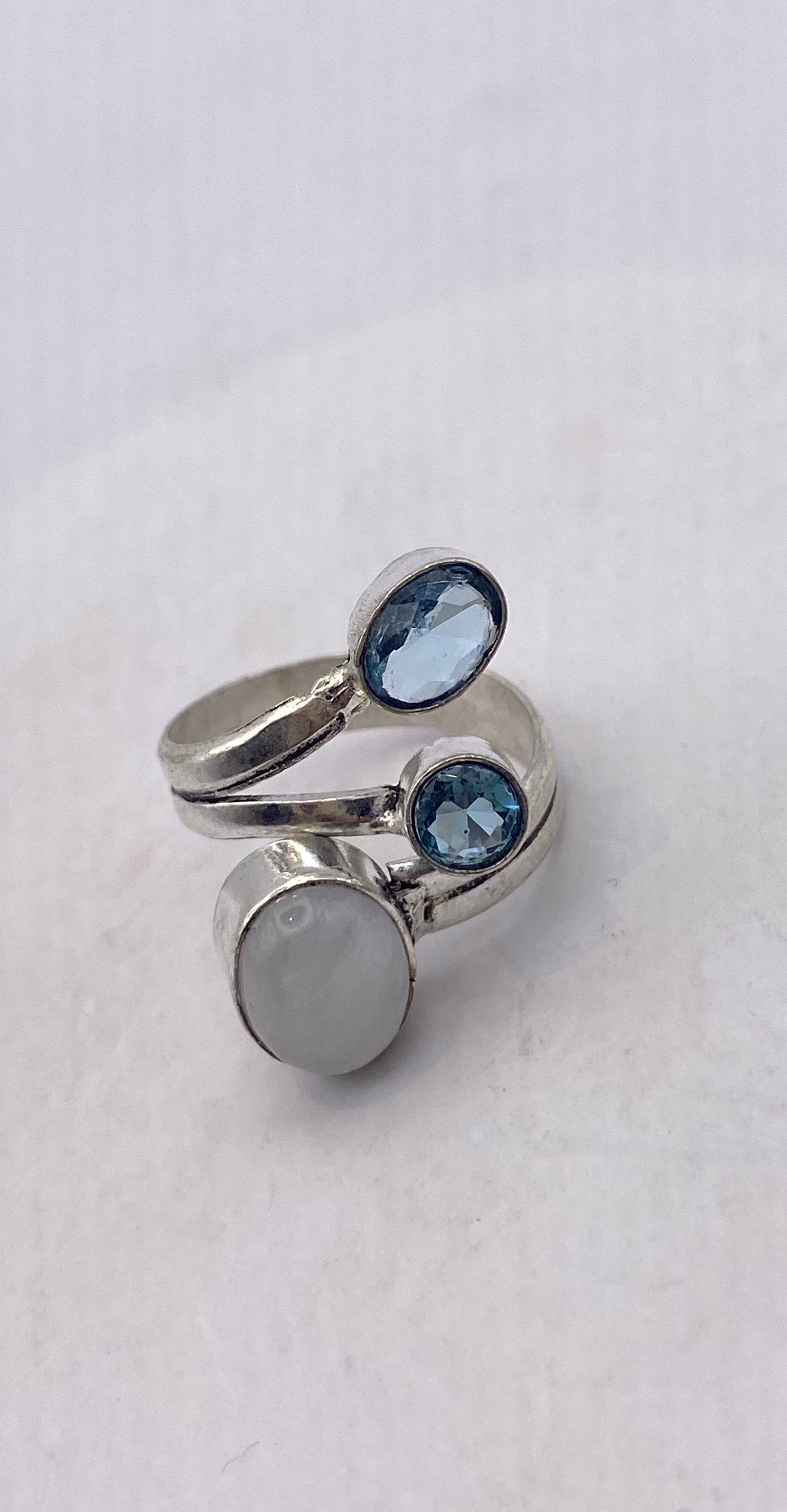 Vintage Large Blue White Rainbow Moonstone Blue Topaz Silver Ring Adjustable