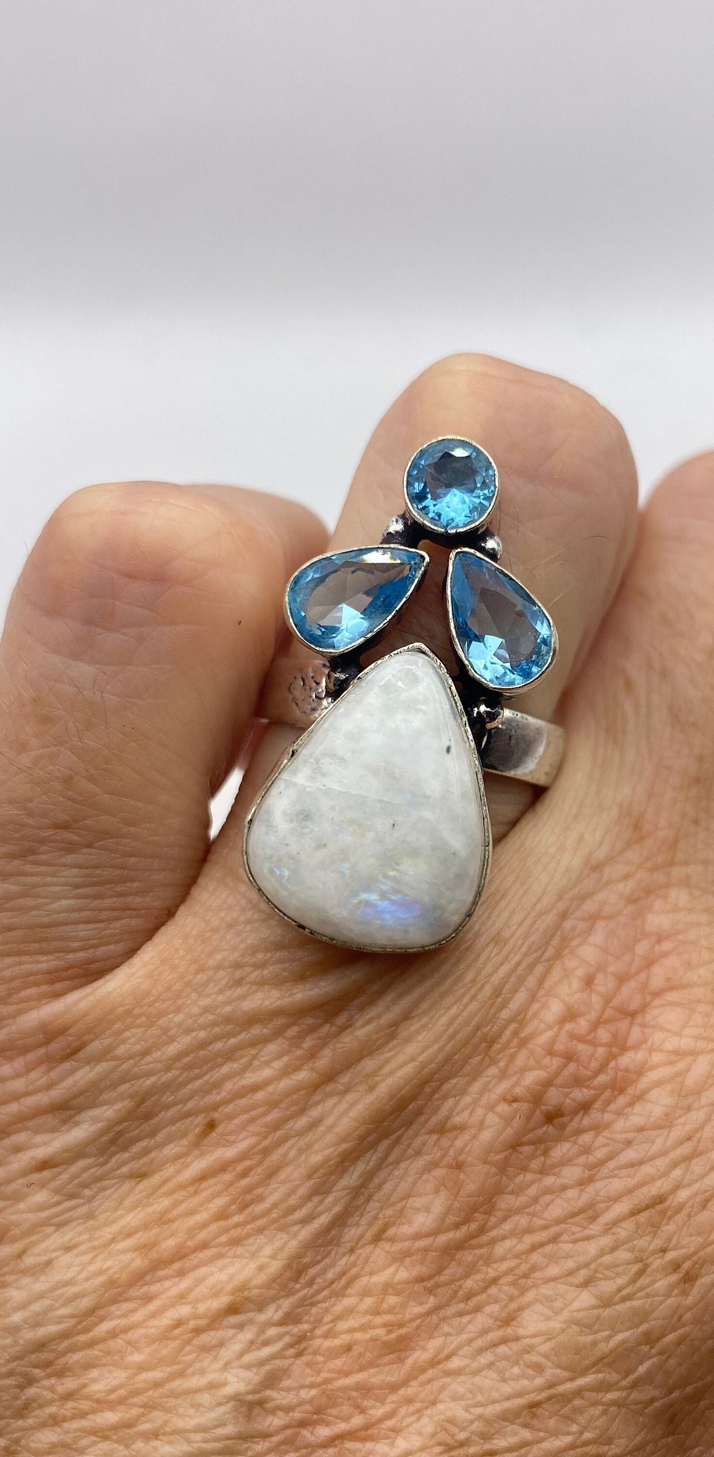 Vintage Large Blue White Rainbow Moonstone Blue Topaz Silver Ring Adjustable