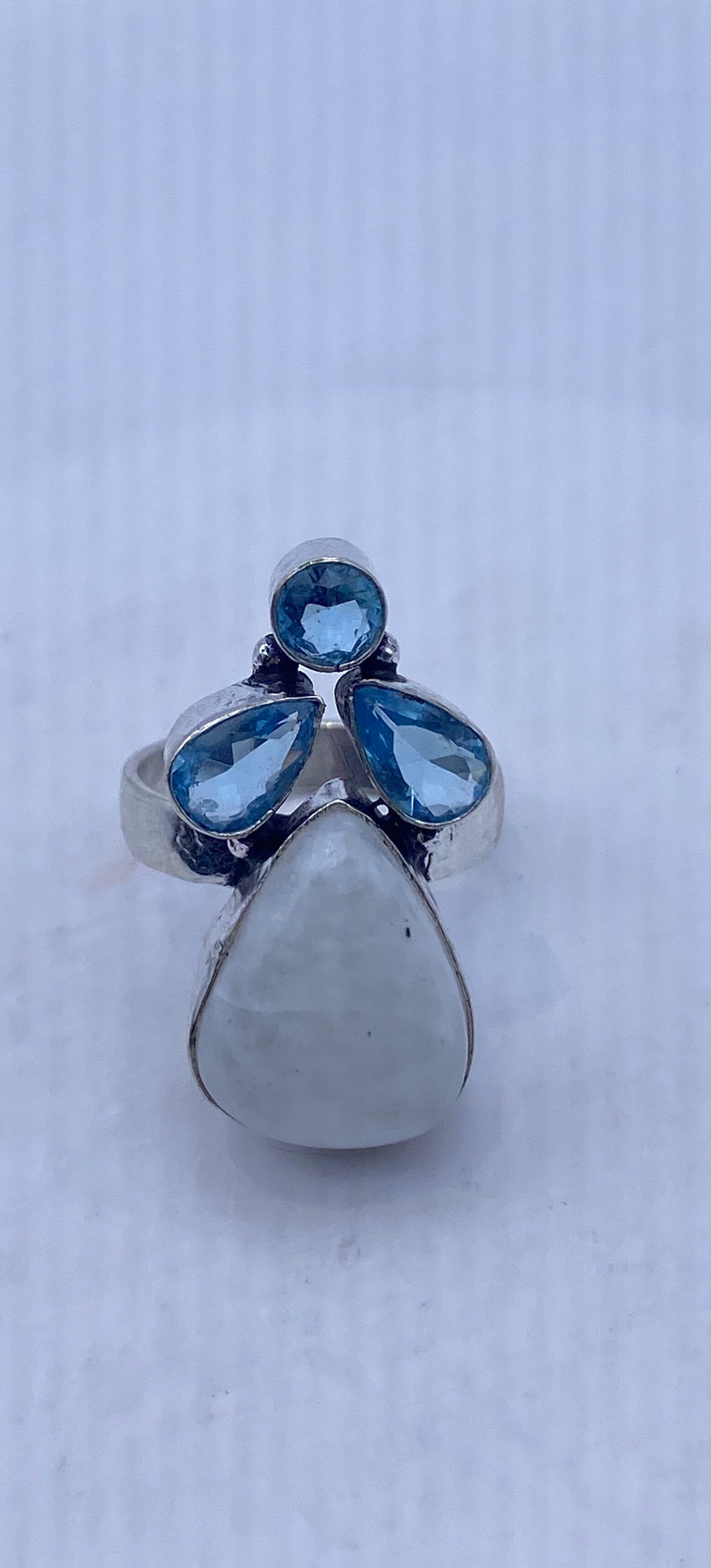 Vintage Large Blue White Rainbow Moonstone Blue Topaz Silver Ring Adjustable