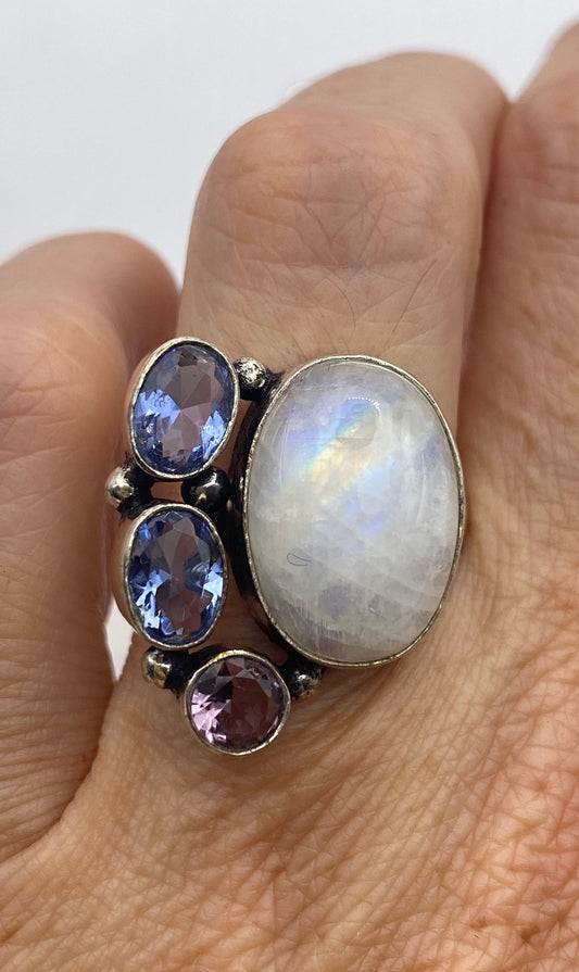 Vintage Large Blue White Rainbow Moonstone Blue Topaz Amethyst Silver Ring Adjustable