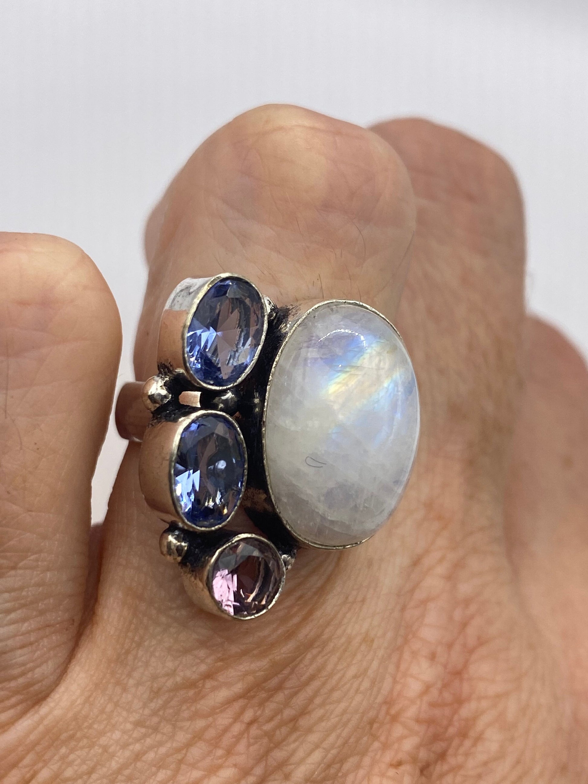 Vintage Large Blue White Rainbow Moonstone Blue Topaz Amethyst Silver Ring Adjustable