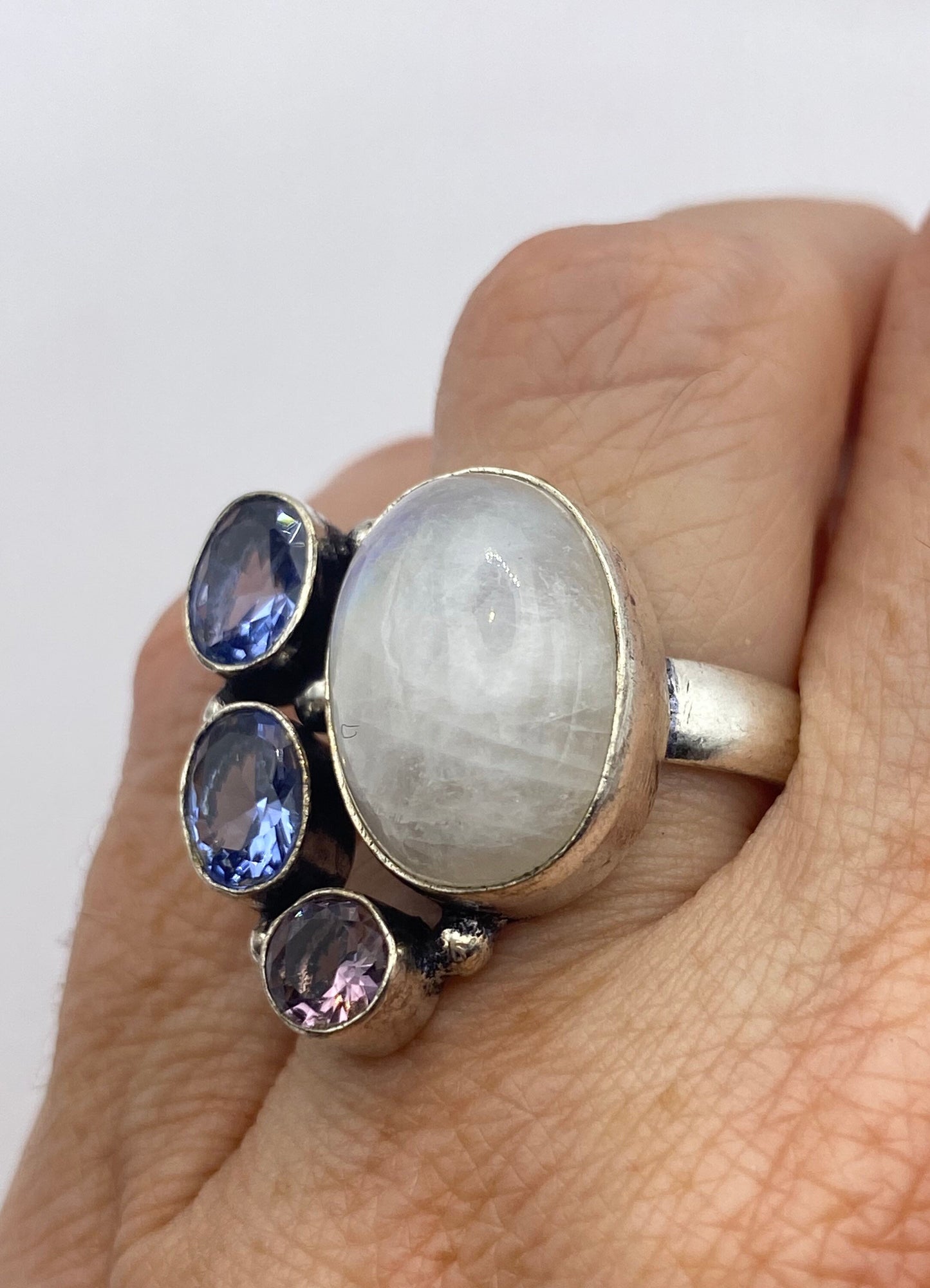 Vintage Large Blue White Rainbow Moonstone Blue Topaz Amethyst Silver Ring Adjustable