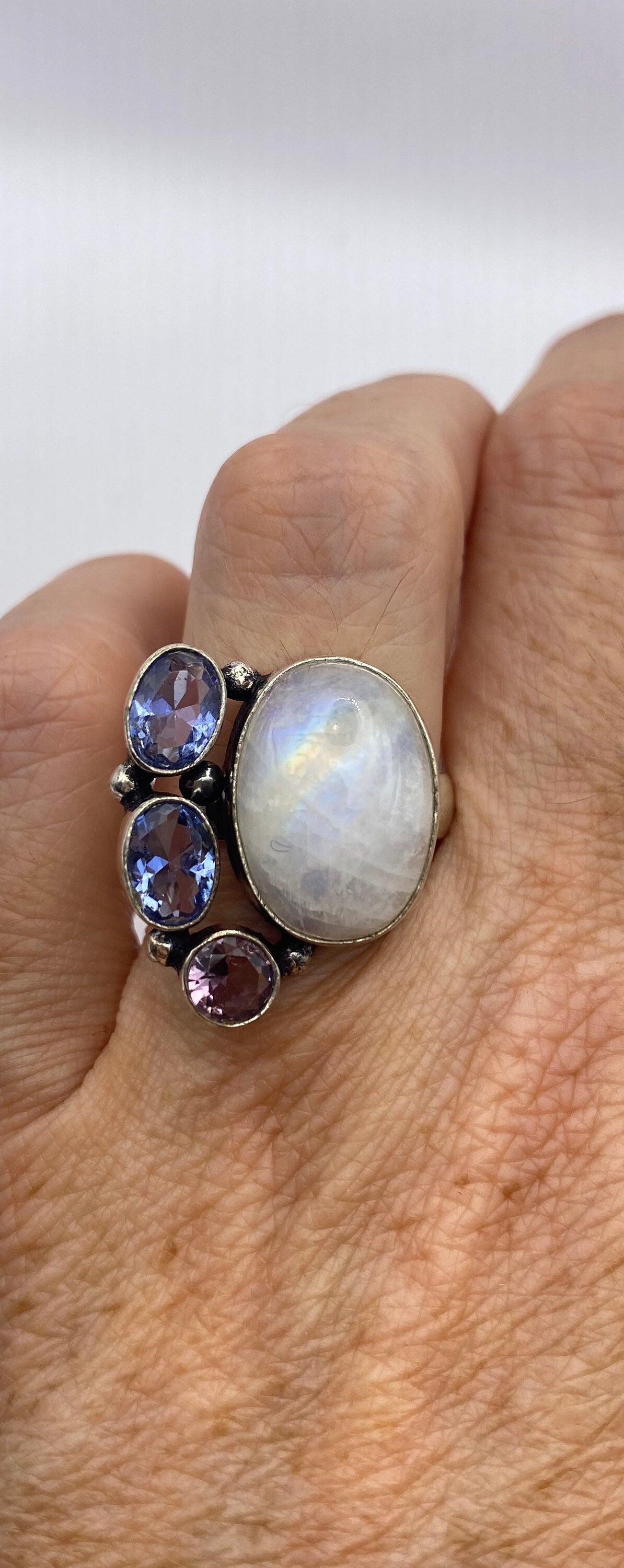 Vintage Large Blue White Rainbow Moonstone Blue Topaz Amethyst Silver Ring Adjustable