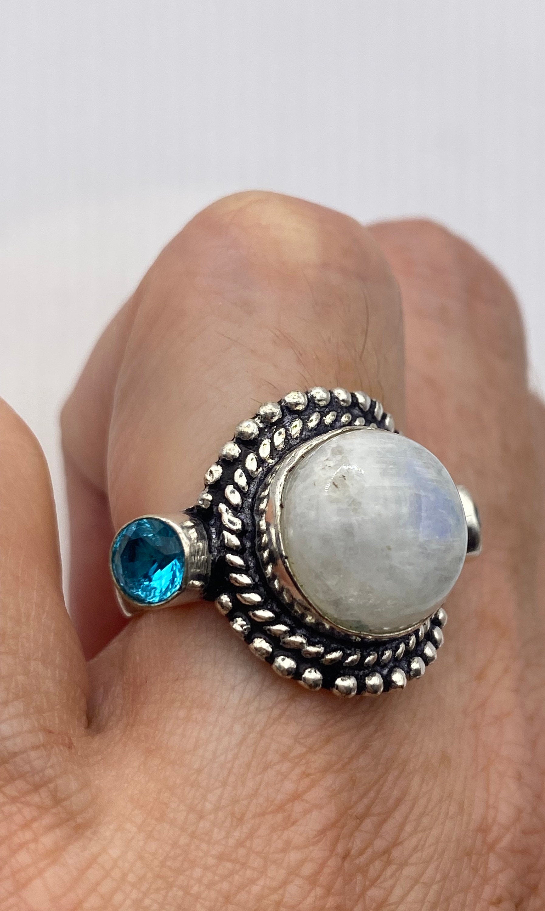 Vintage Large Blue White Rainbow Moonstone Blue Topaz Silver Ring Adjustable