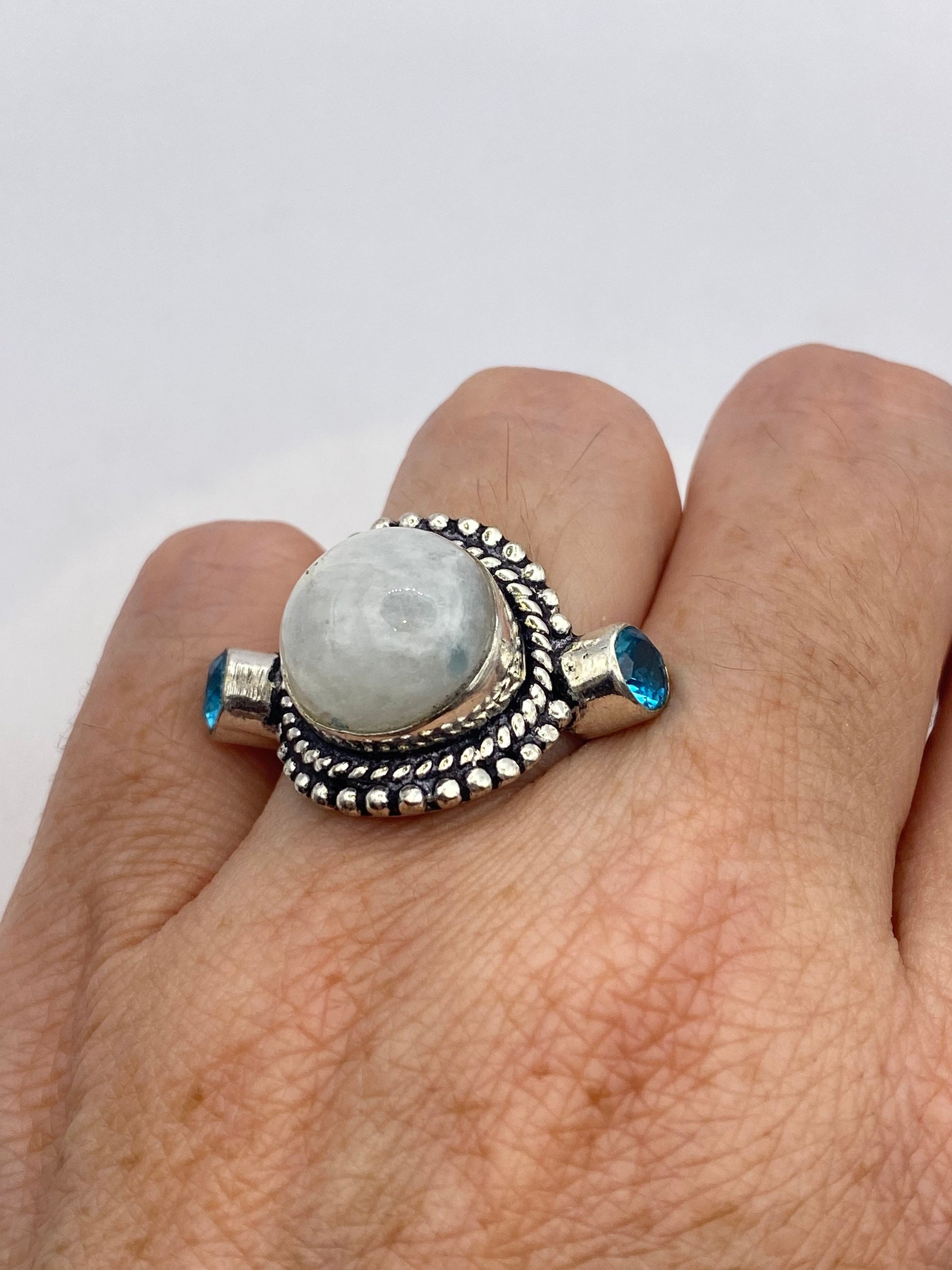 Vintage Large Blue White Rainbow Moonstone Blue Topaz Silver Ring Adjustable