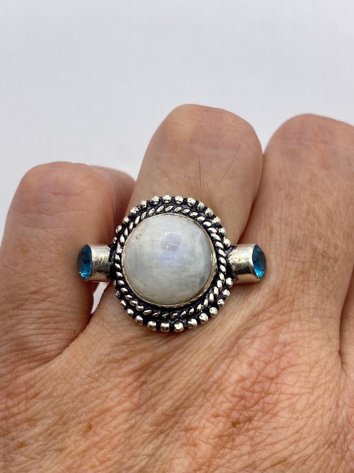 Vintage Large Blue White Rainbow Moonstone Blue Topaz Silver Ring Adjustable