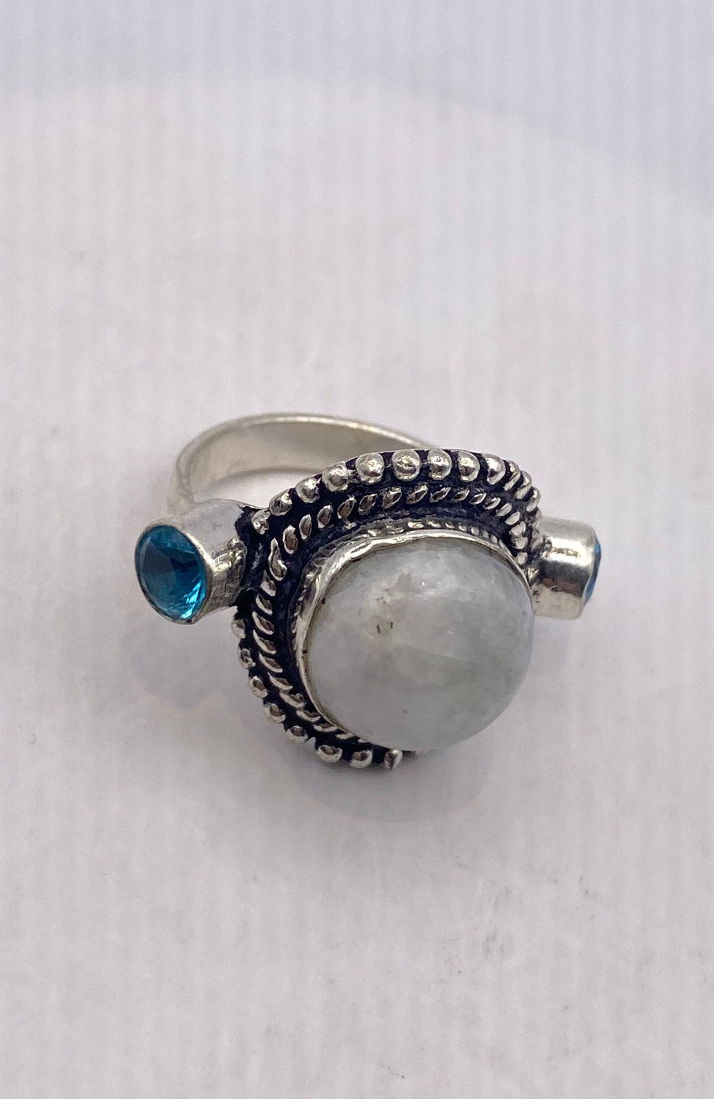 Vintage Large Blue White Rainbow Moonstone Blue Topaz Silver Ring Adjustable