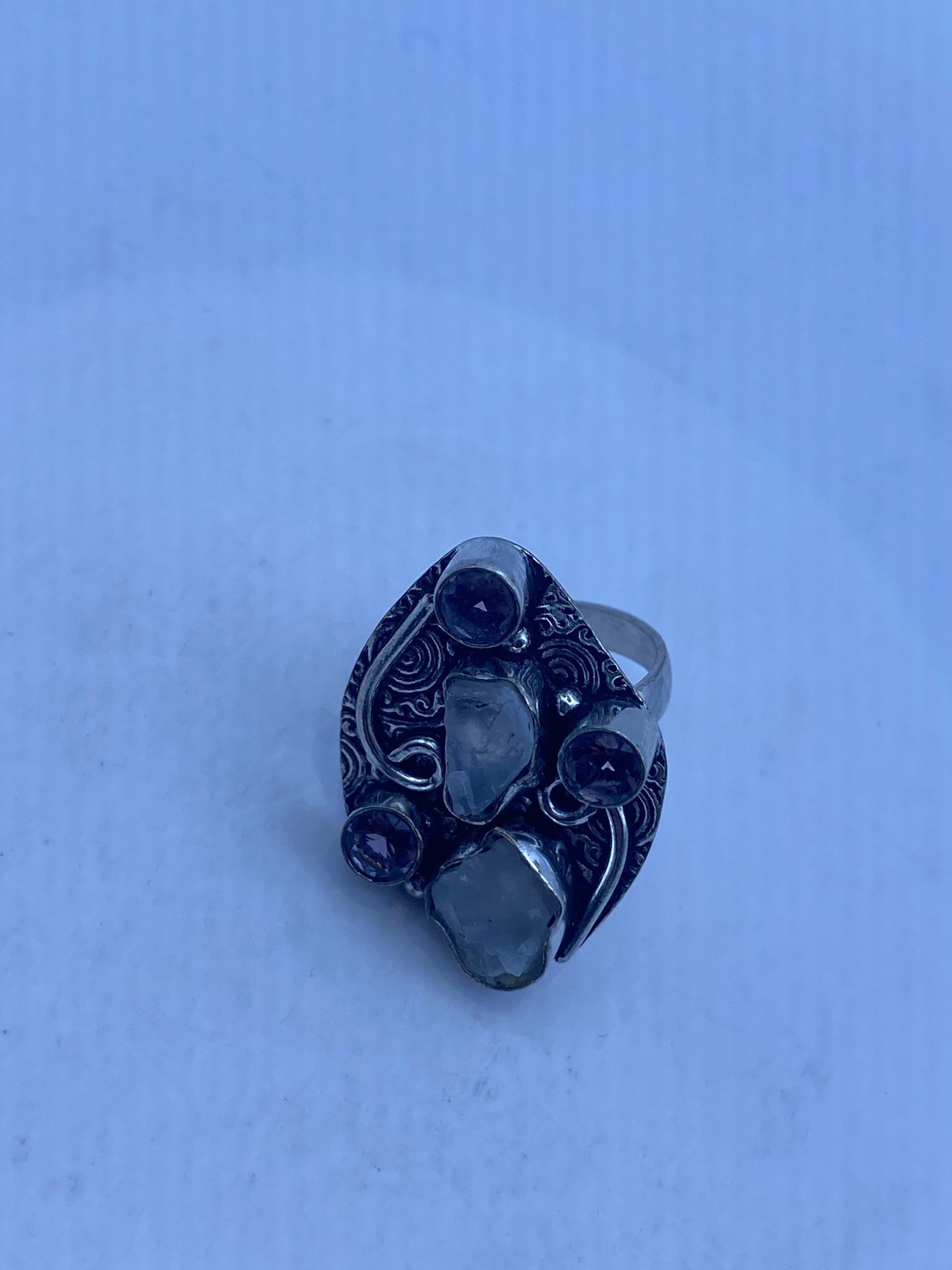 Vintage Large Blue White Rainbow Moonstone Amethyst Silver Ring